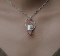Lunar Embrace: Sterling Silver Sand-Textured Crystal Pendant with Australian Lithium Quartz and Moonstone