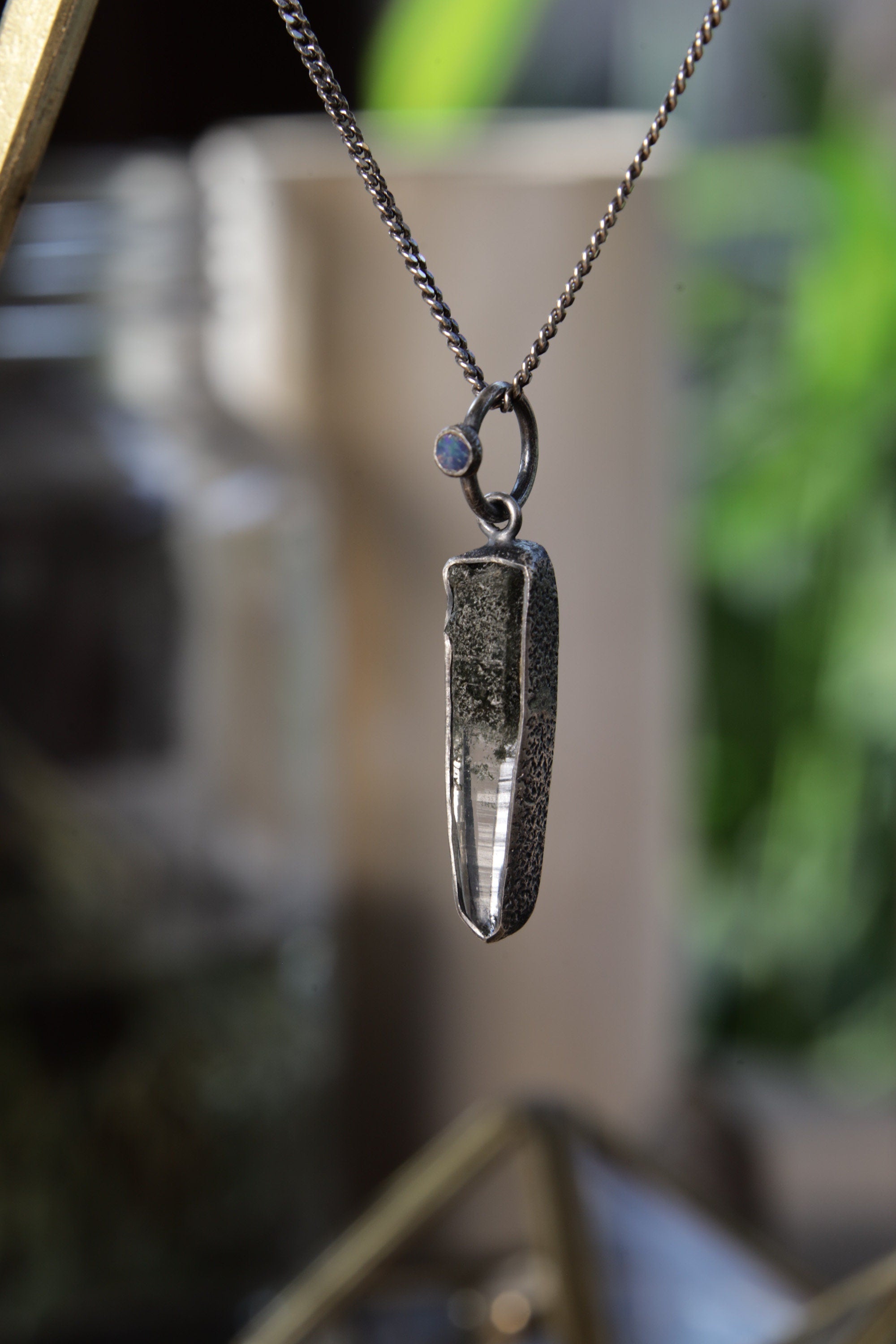 Sterling Silver Crysal Pendant - Himalayan Chlorite Laser Quartz and Opal - Oxidized & Sand Textured