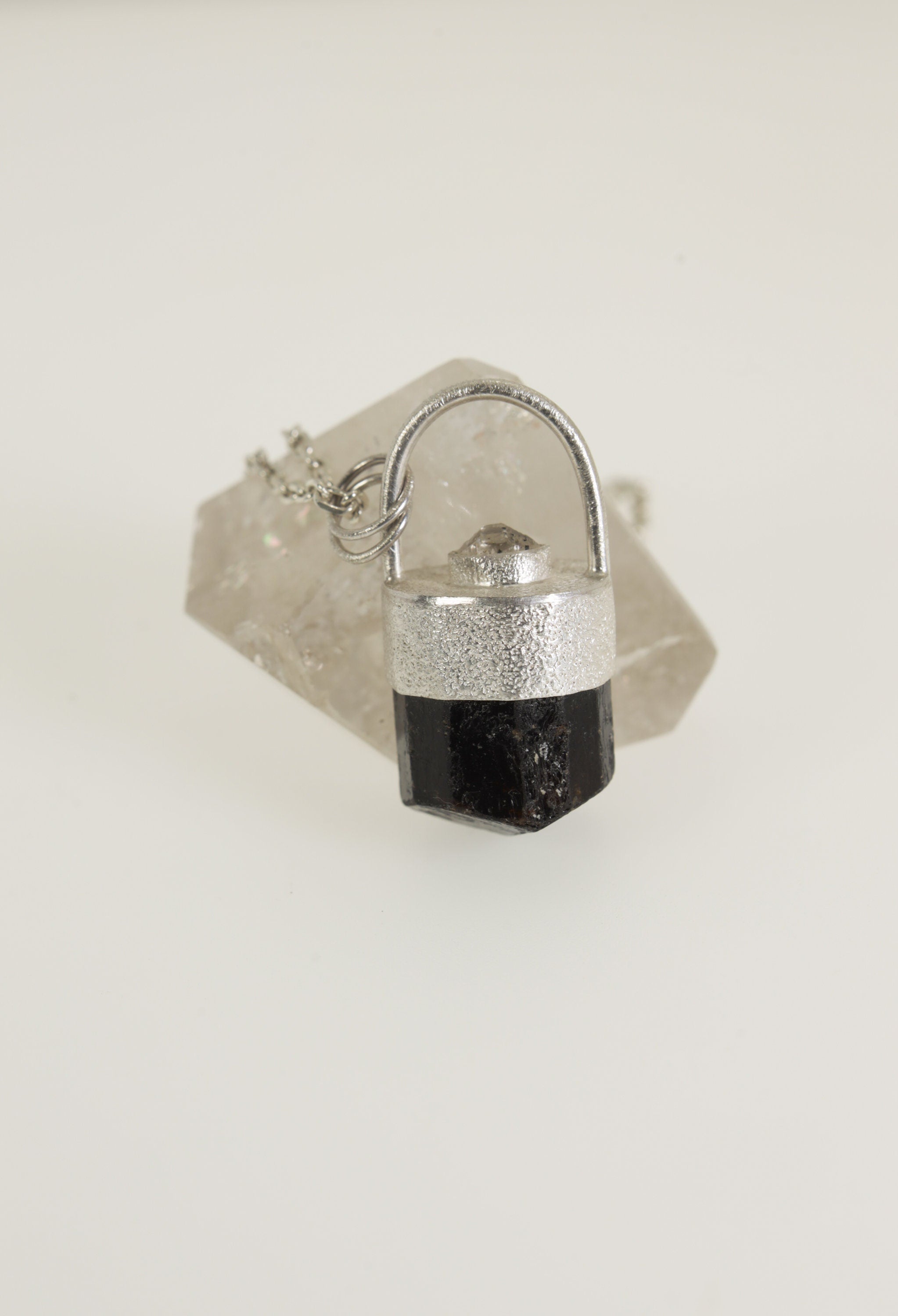 Sterling Silver Pendant with Himalayan Terminated Brown Dravite Tourmaline and Herkimer Diamond - Sand Texture Finish - NO/07