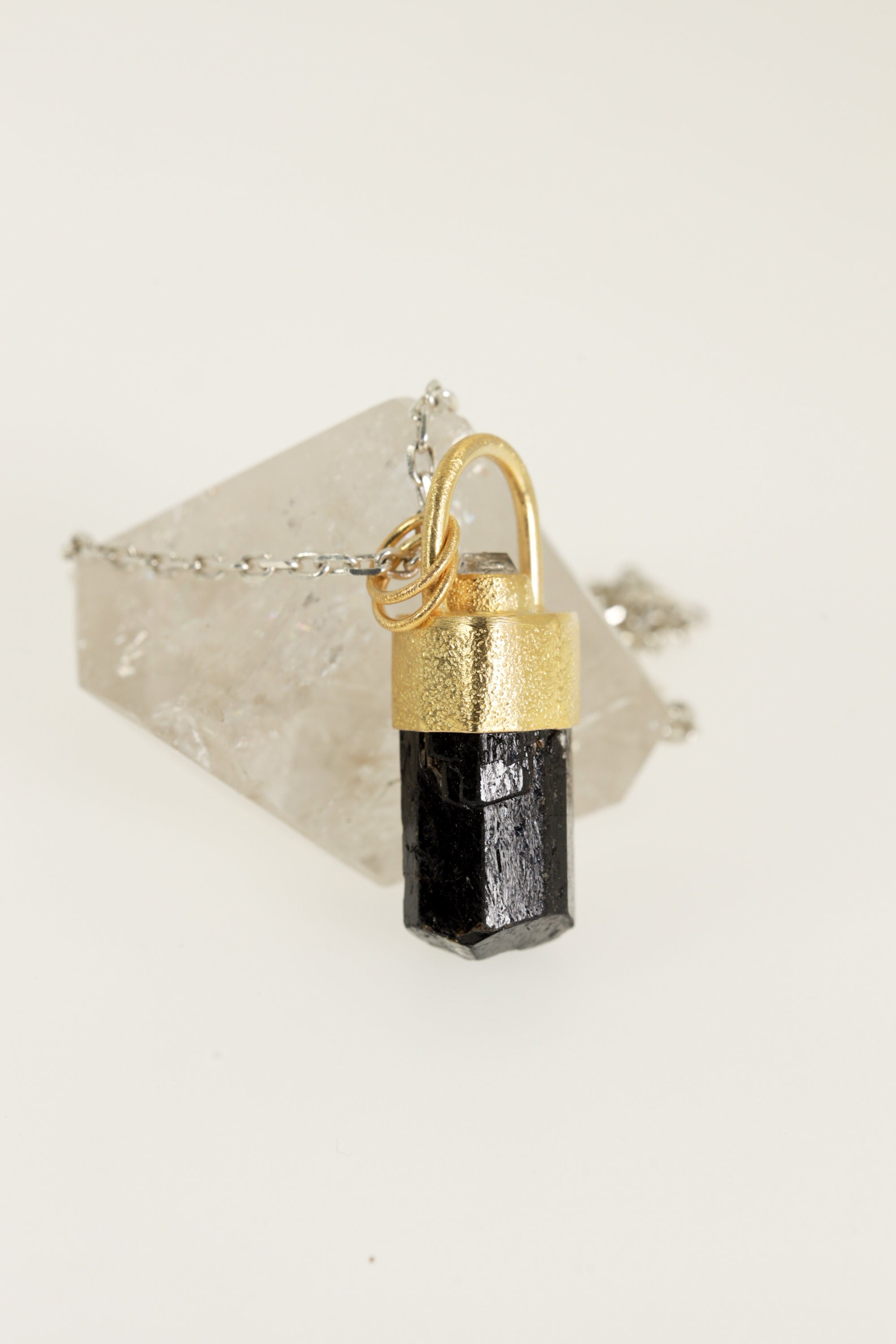 Gold-plated Sterling Silver Crystal Pendant with Himalayan Terminated Brown Dravite Tourmaline & Herkimer Diamond, Sand Texture Finish
