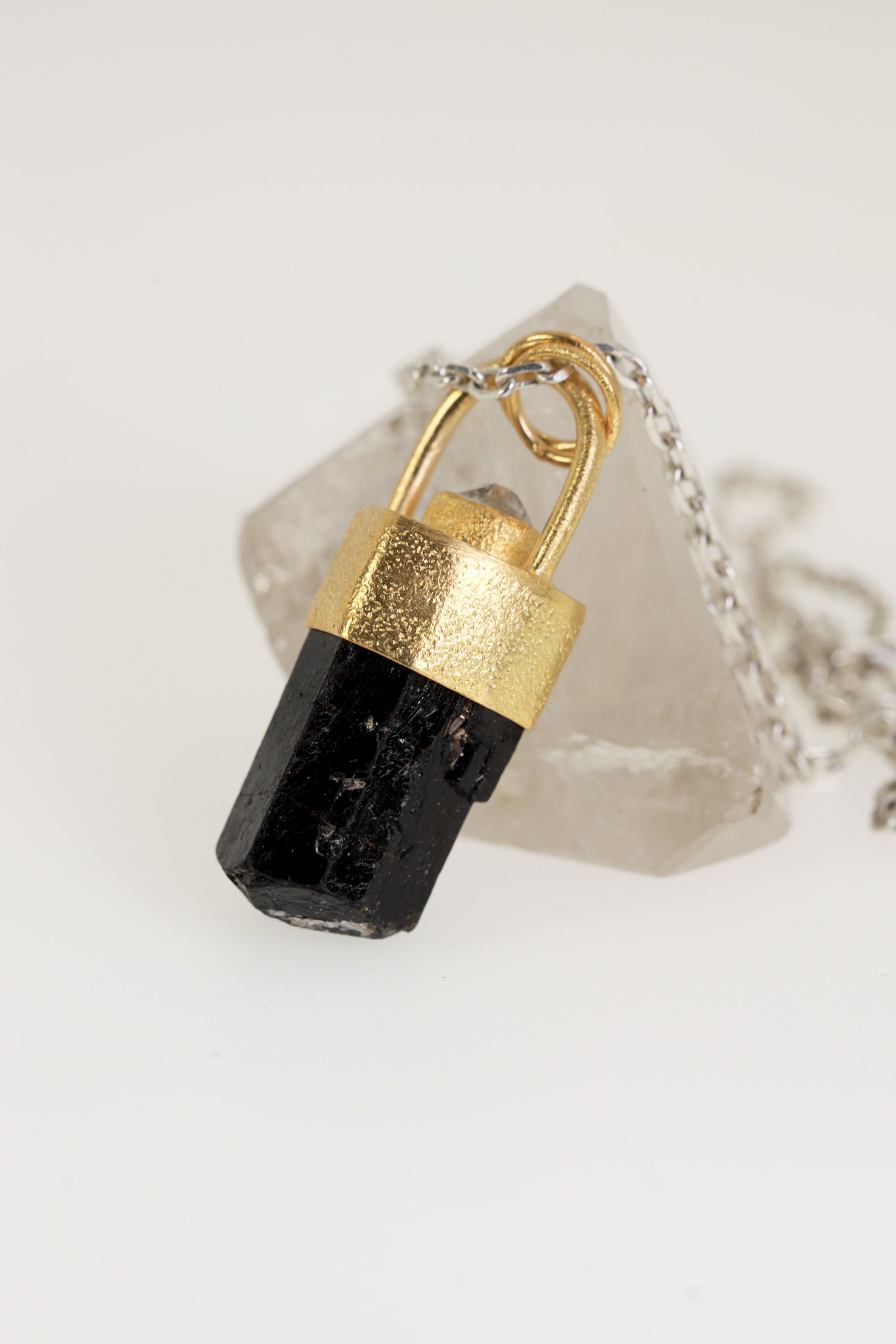 Gold-plated Sterling Silver Crystal Pendant with Himalayan Terminated Brown Dravite Tourmaline & Herkimer Diamond, Sand Texture Finish