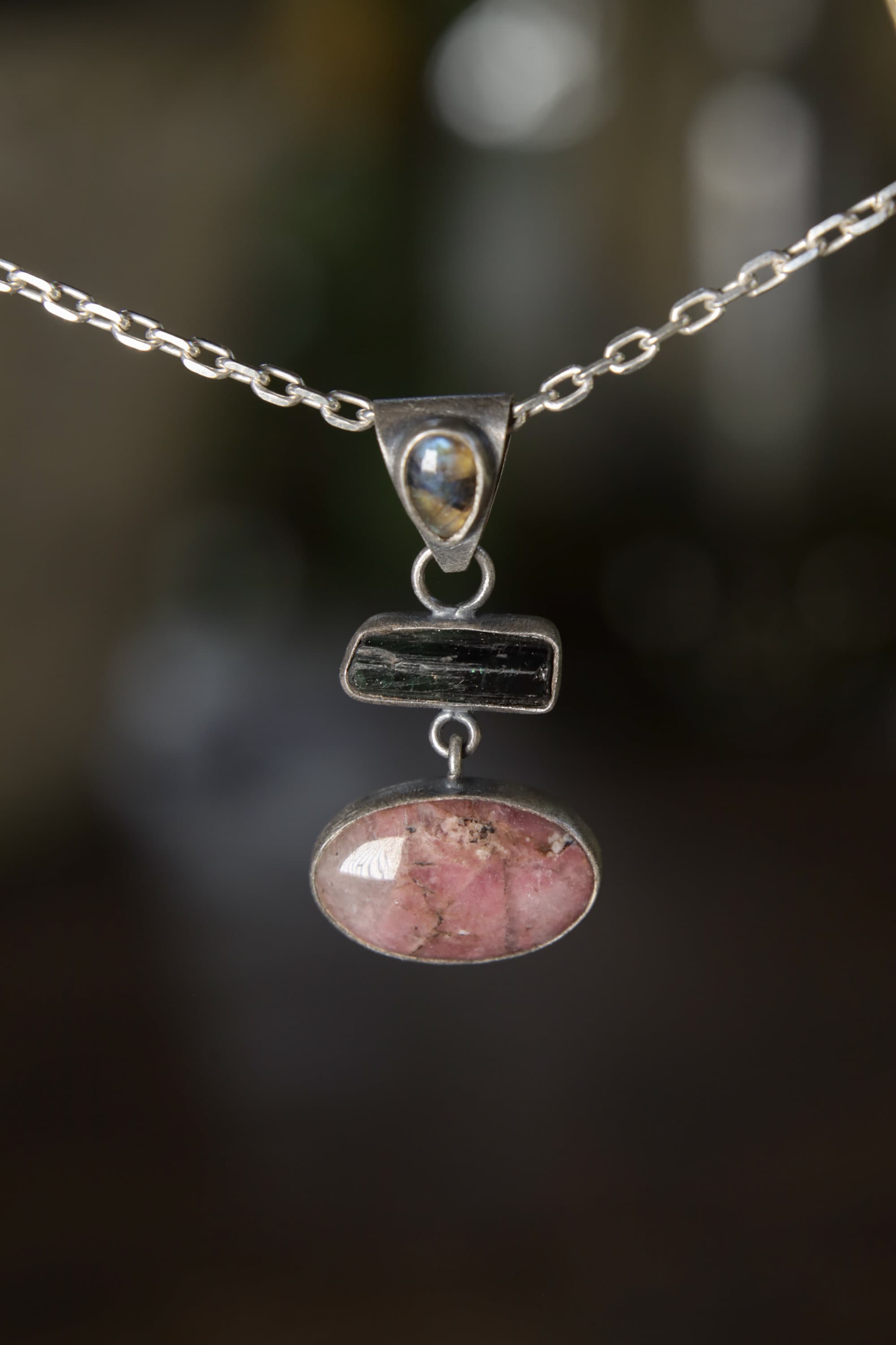 Sterling Silver Pendant with Labradorite Bail Terminated Green Tourmaline & Rhodochrosite Oxidized Brushed Finish, Heart Chakra Libra/Pisces