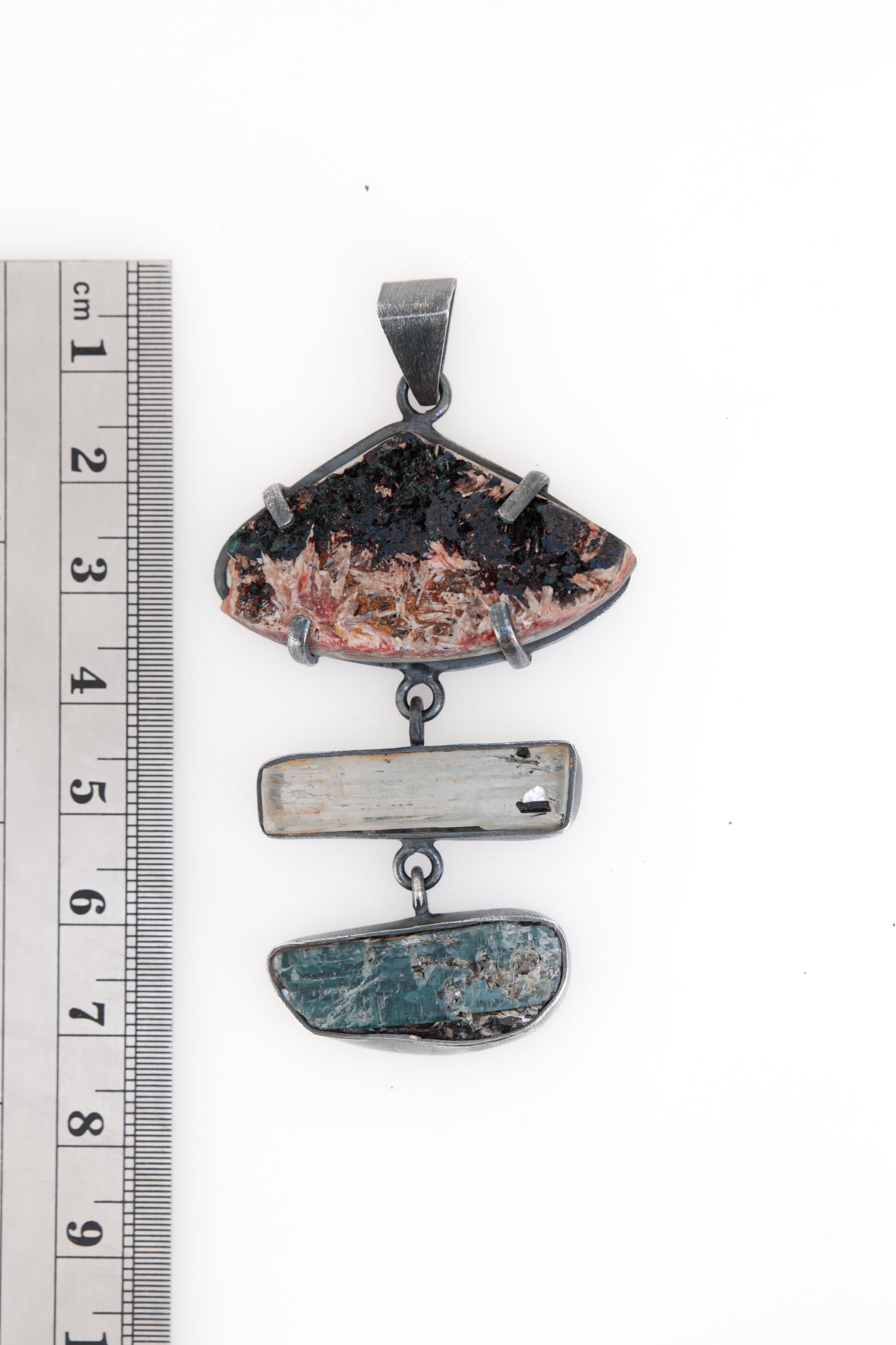 Australian Raw Azurite, Natural Gem Aquamarine & Ocea Kyanite - Sterling Silver Oxidized Finish Pendant