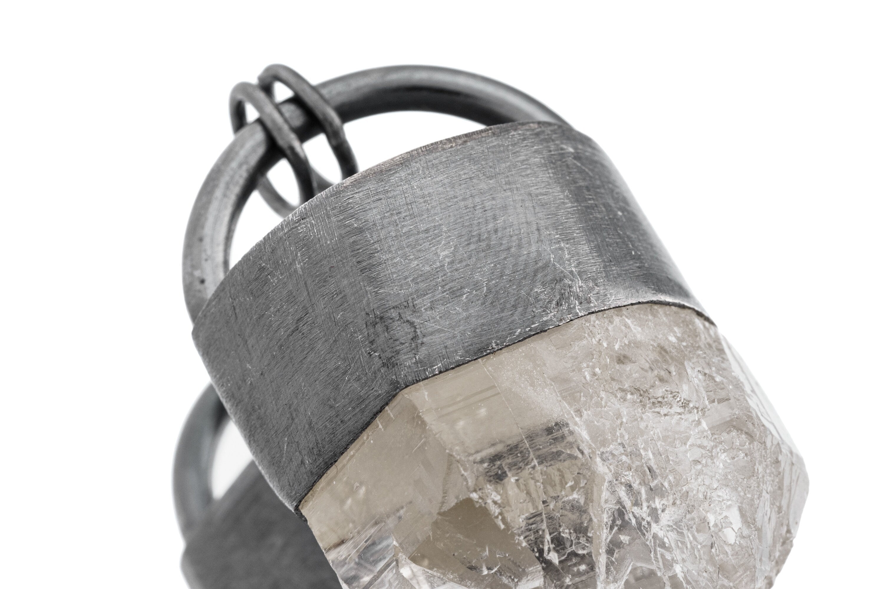 Luminous Essence Clear Quartz Pendant - Sterling Silver Crystal Pendant - Oxidized Finish & Brush Textured