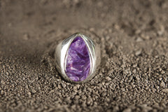 Unique Sterling Silver Ring, Light Strong Hollow Band with Charoite Cabochon, Psychedelic Crystal, Unisex Size 10 US