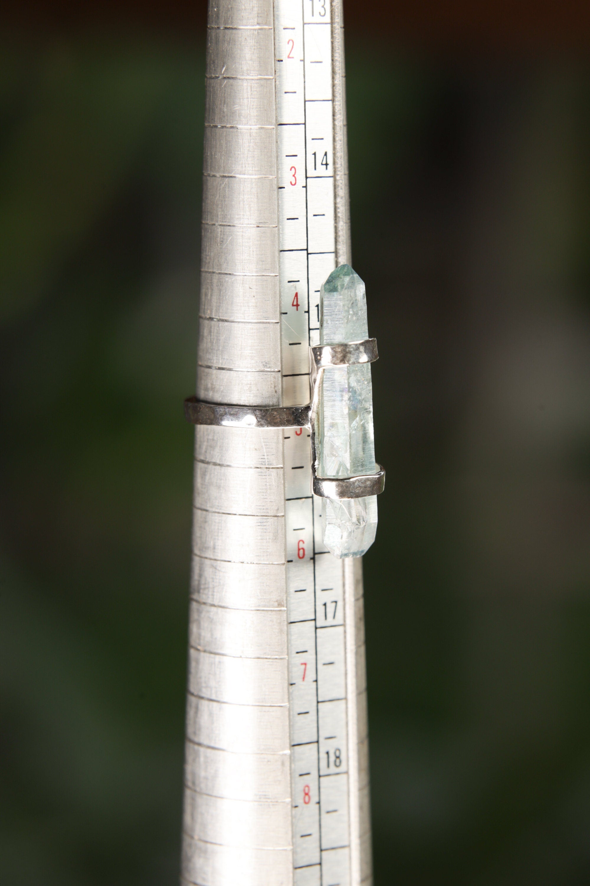 Silver Wrapped Double Terminated Aqua Aura Lemurian Quartz Generator Ring in Sterling Silver, Hammered Shiny Chic Jewelry, Size 5