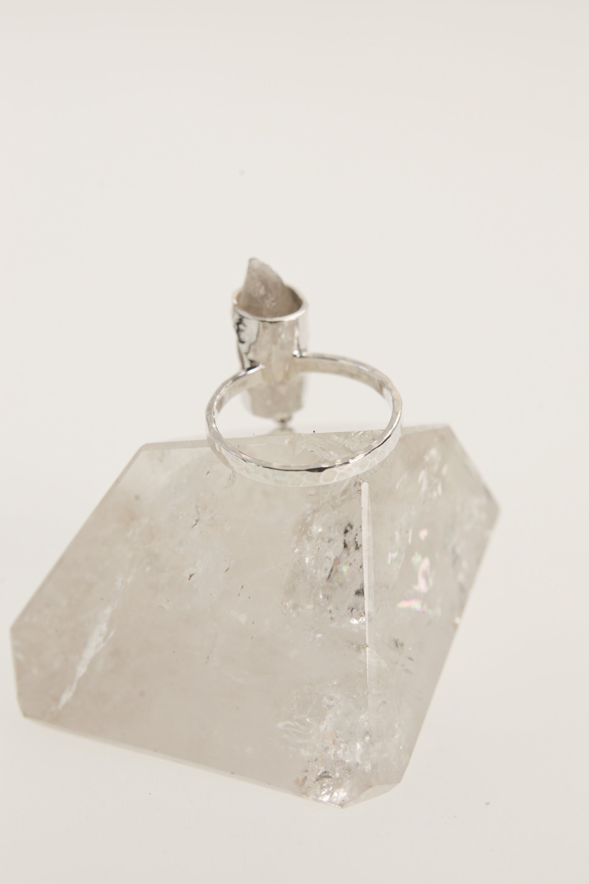 Australian Smoky Citrine Sterling Silver Ring Hugged in Silver, Size 7.5 US, Hammered & Shiny Finish for a Unique, Luxurious Look