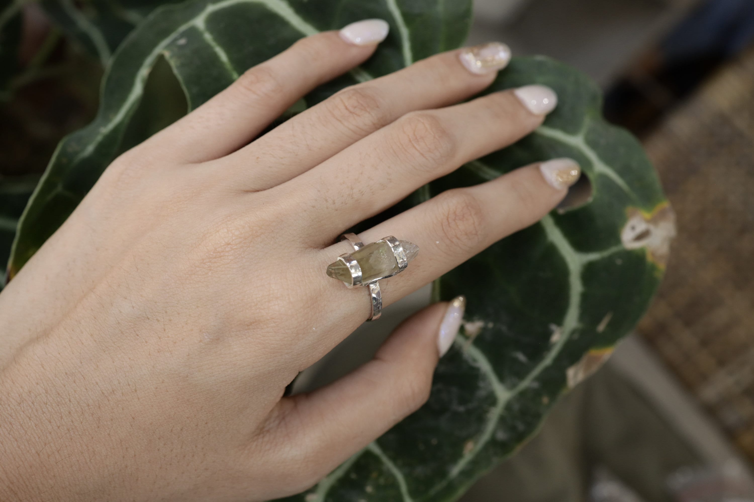 Australian Smoky Citrine Sterling Silver Ring Hugged in Silver, Size 7.5 US, Hammered & Shiny Finish for a Unique, Luxurious Look