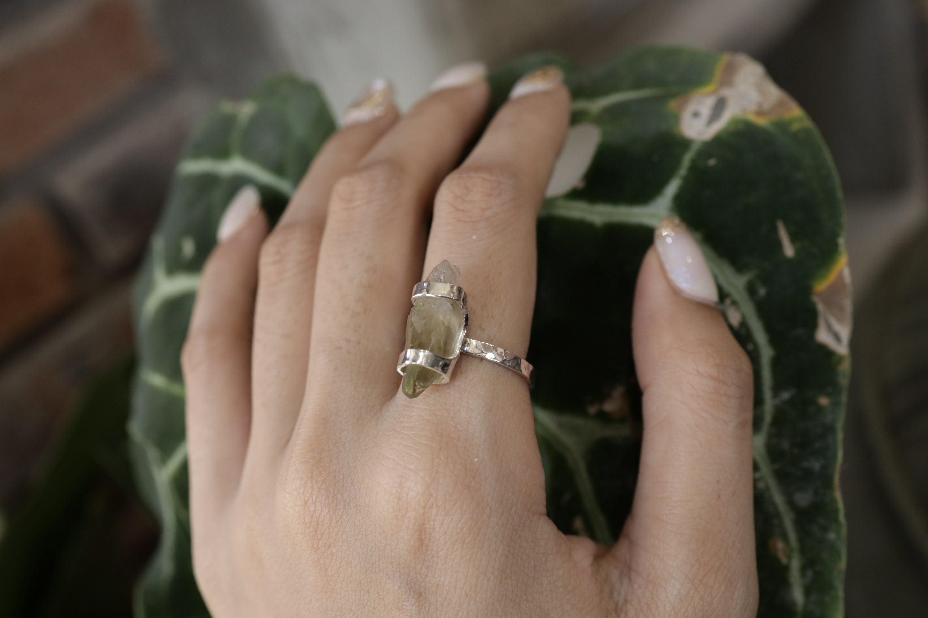 Australian Smoky Citrine Sterling Silver Ring Hugged in Silver, Size 7.5 US, Hammered & Shiny Finish for a Unique, Luxurious Look