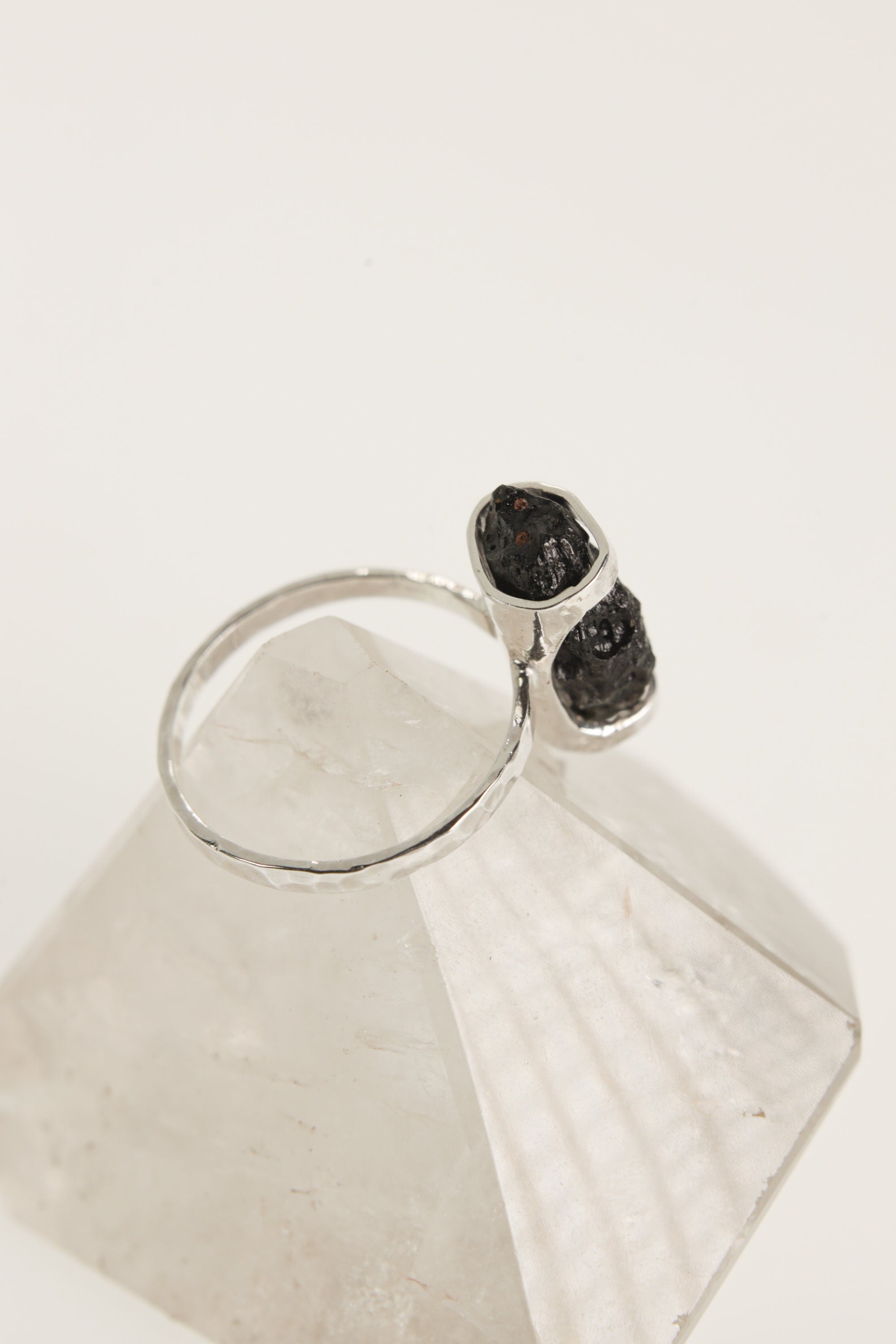 Cosmic Echo Mount Darwin Tektite Ring - Hammered & Shiny Finish - Sterling Silver Ring - Size 9 3/4 US