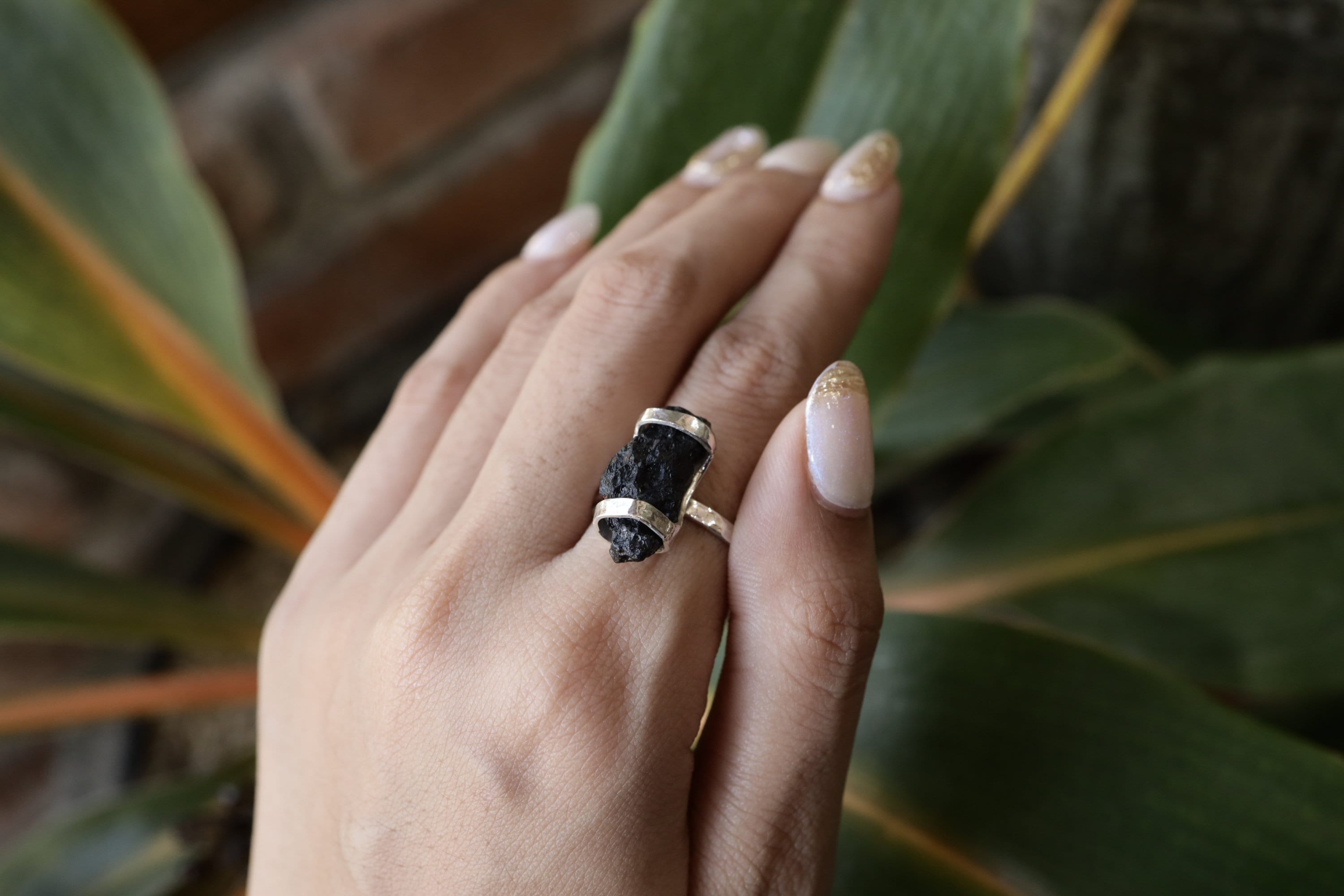 Cosmic Echo Mount Darwin Tektite Ring - Hammered & Shiny Finish - Sterling Silver Ring - Size 9 3/4 US