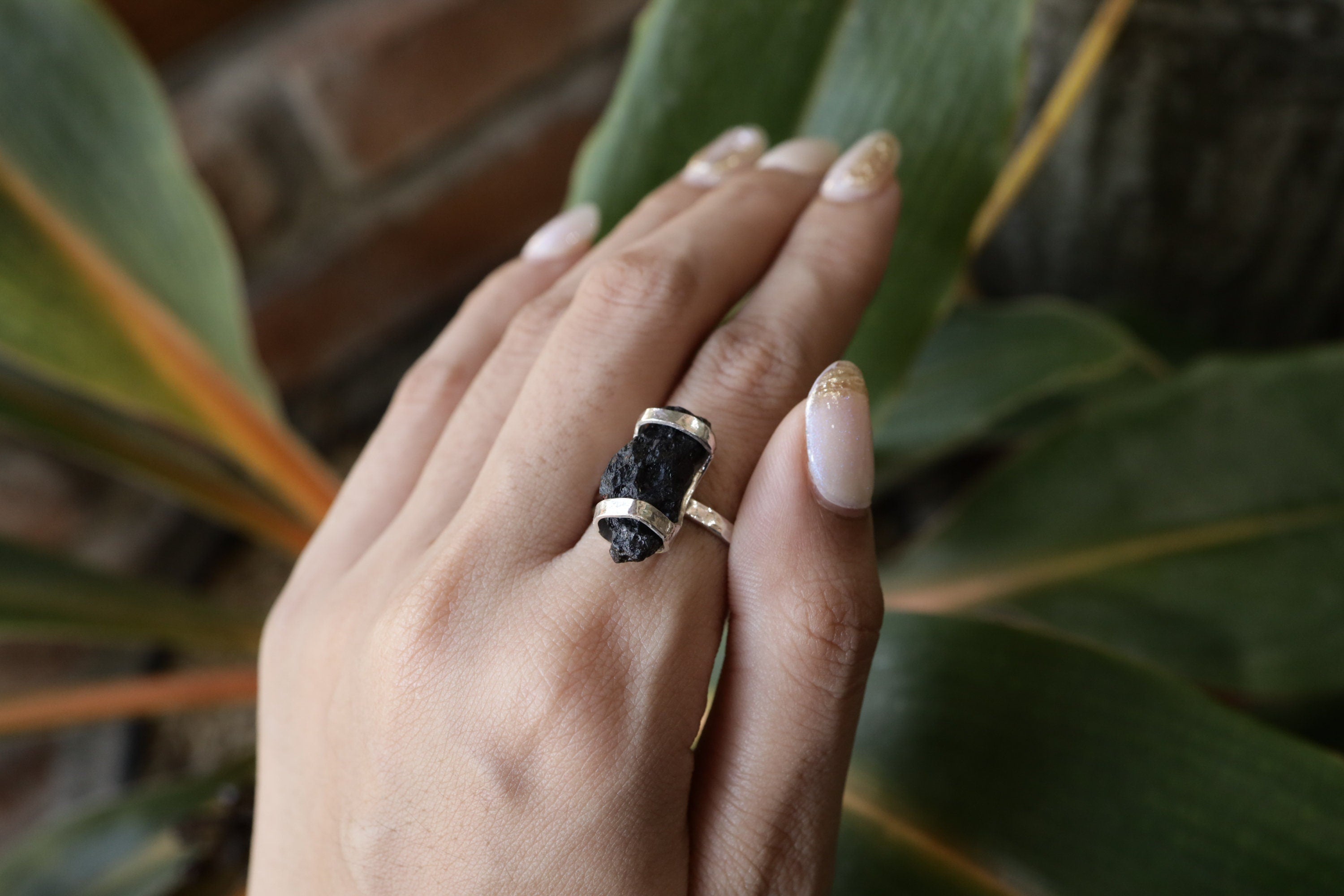 Cosmic Echo Mount Darwin Tektite Ring - Hammered & Shiny Finish - Sterling Silver Ring - Size 9 3/4 US