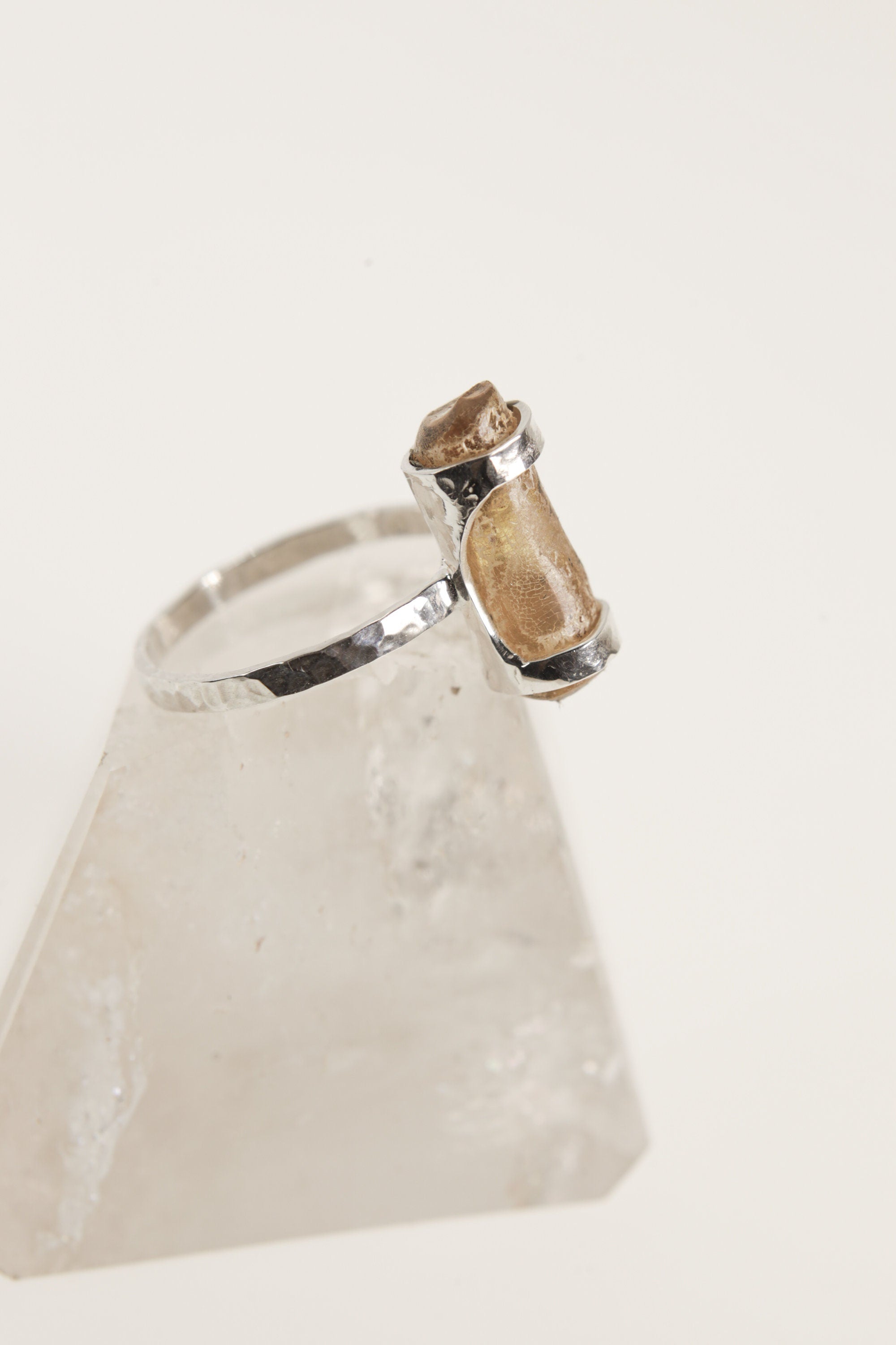 Silver Wrapped Natural Amber Fossil Ring, Hammered & Shiny Finish, Sterling Silver, Size 9 3/4 US, Ancient Wisdom, Fossilized Tree Zap