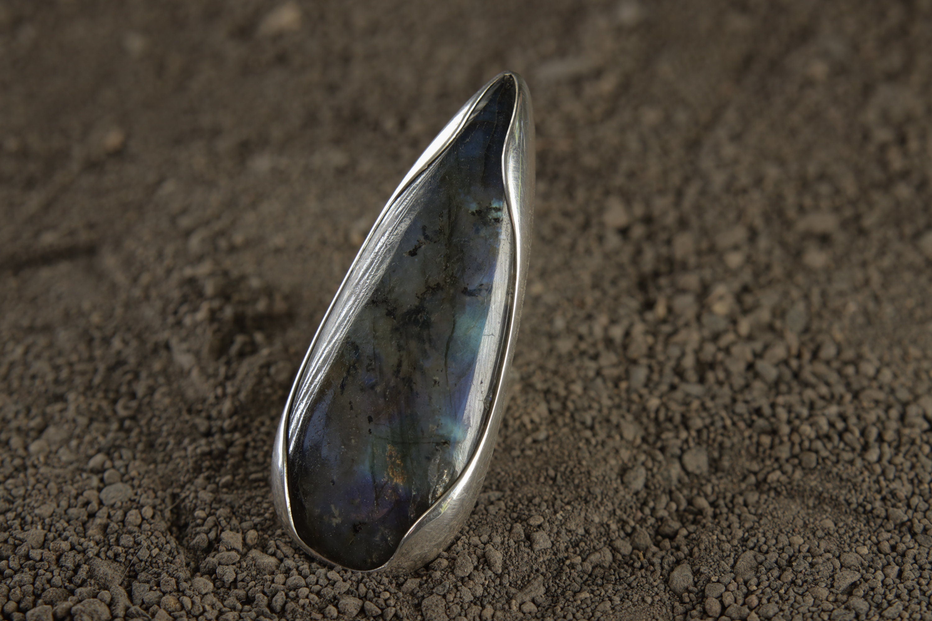 Teardrop Labradorite Ring 925 Sterling Silver Adjustable Waved Bezel Third Eye Chakra Aurora Flash Gift