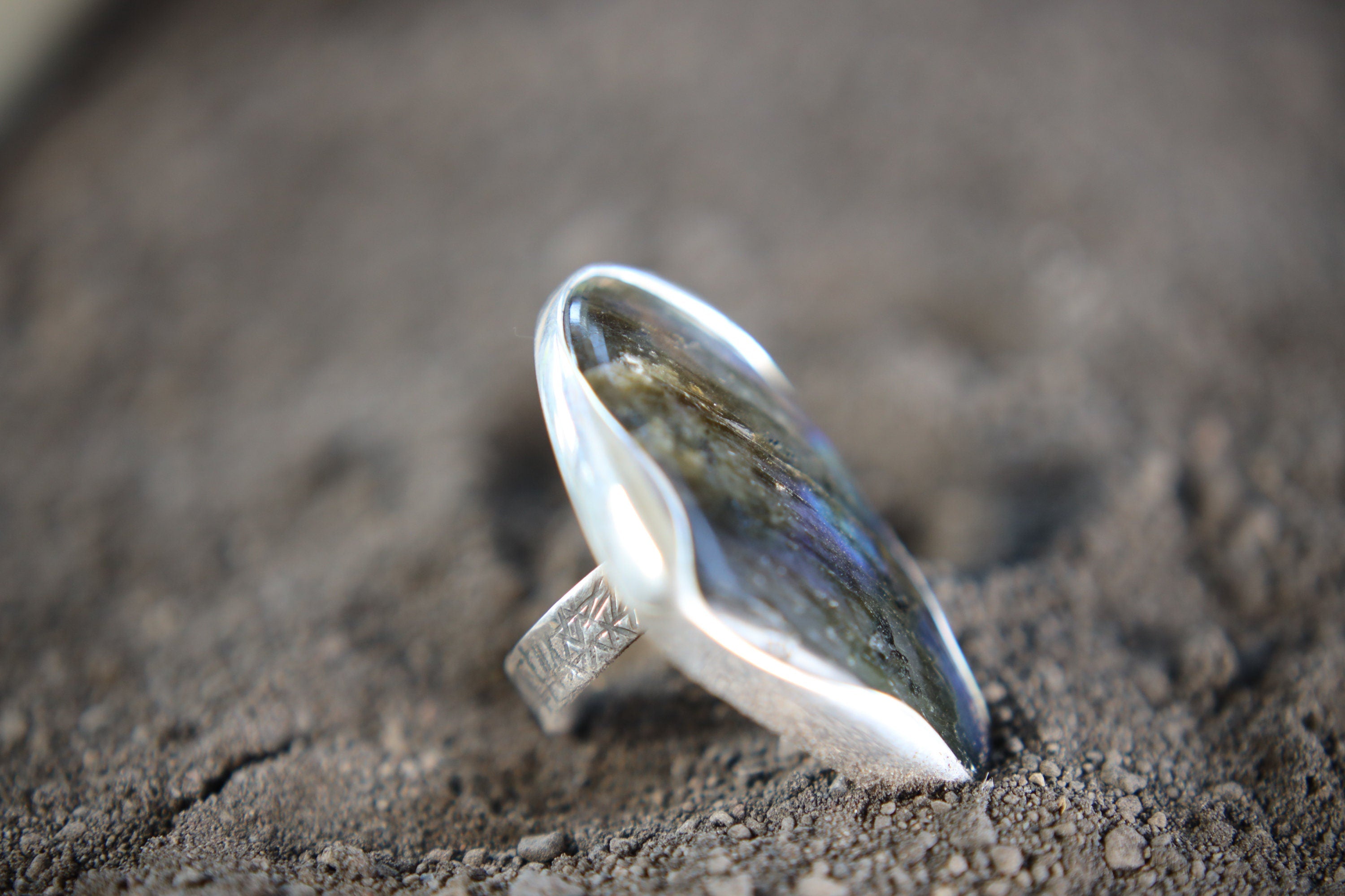 Tooth Labradorite Ring 925 Sterling Silver Adjustable Waved Bezel Third Eye Chakra Protection Gift