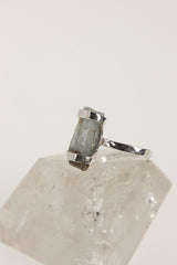 Raw Aquamarine Gem Sterling Silver Ring - Hammered Band, Size 7 3/4