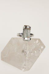 Raw Aquamarine Gem Sterling Silver Ring - Hammered Band, Size 7 3/4