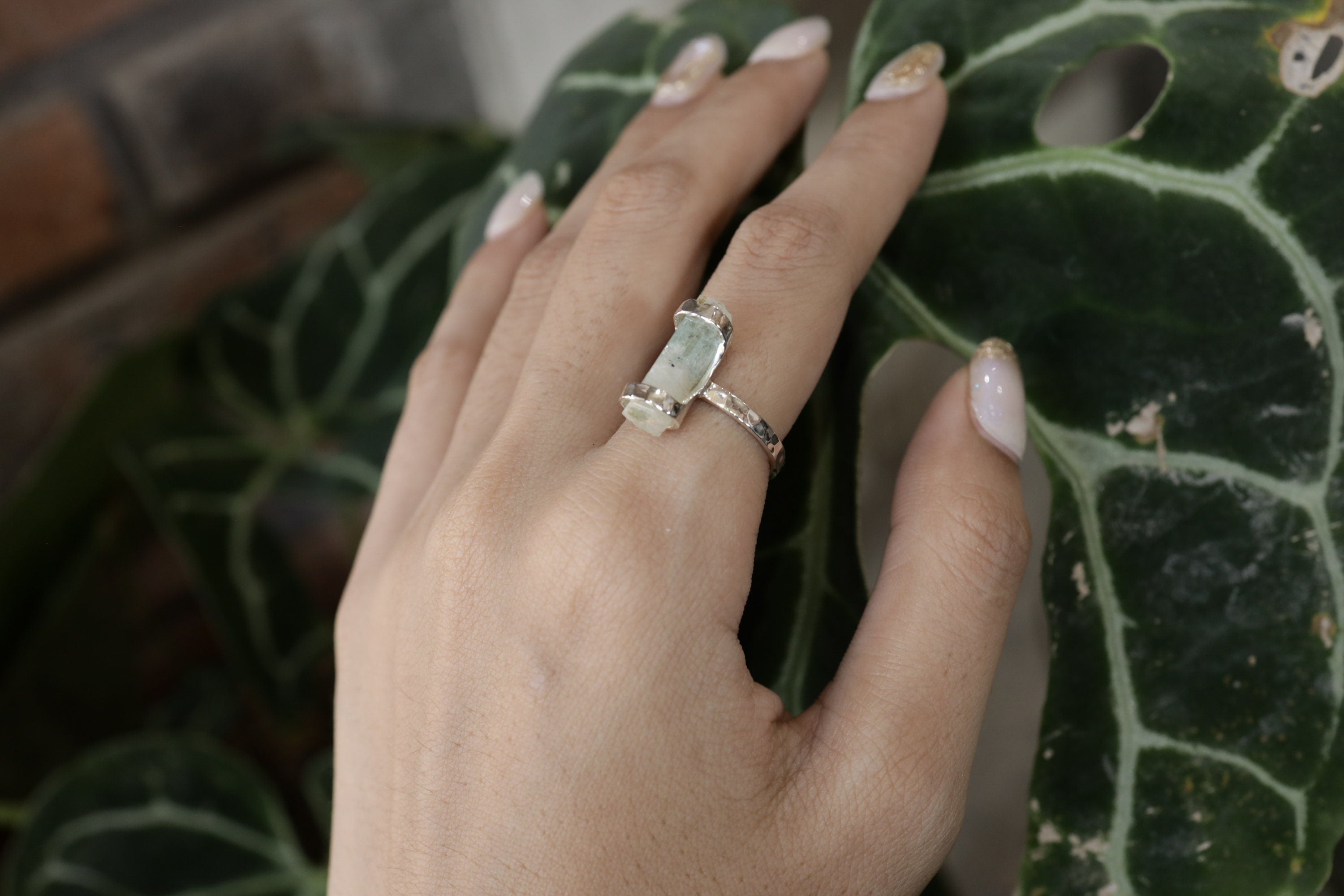 Raw Australian Aquamarine Ring: Hammered Sterling Silver, Size 6.5