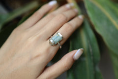 Raw Aquamarine Gem Sterling Silver Ring - Hammered Band, Size 7 3/4