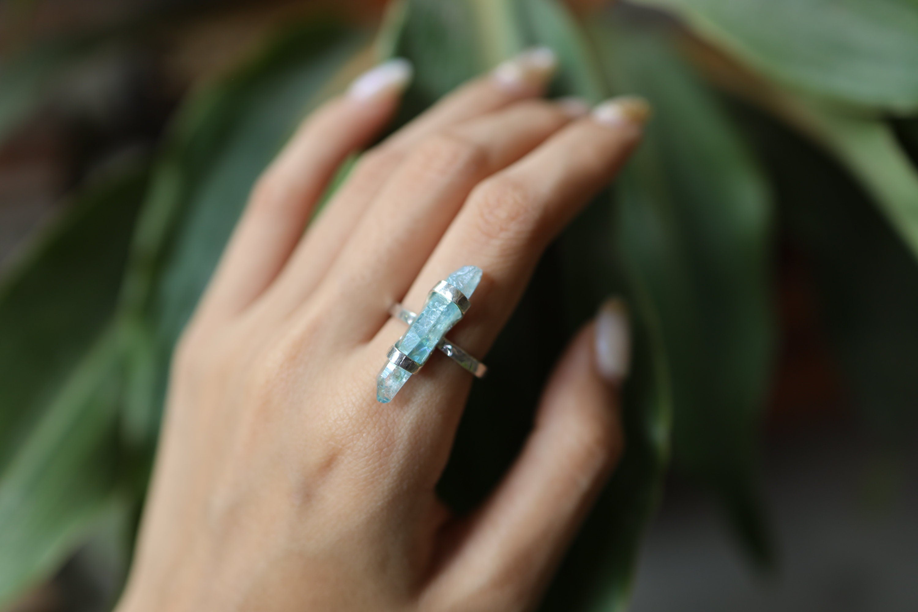 Azure Point Aqua Aura Quartz Ring: Hammered & Shiny Finish - Sterling Silver Ring with Raw Australian Ocean Aquamarine - Size 7.5 US