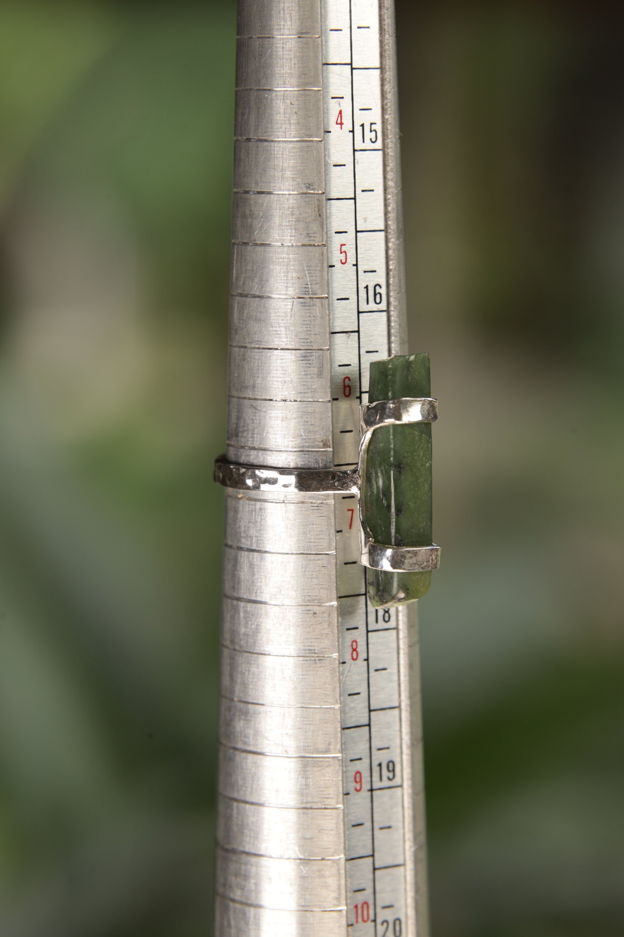 Australian Jade sterling silver ring shown on a mandrel for size reference, appearing around US size 6.5 to 7.