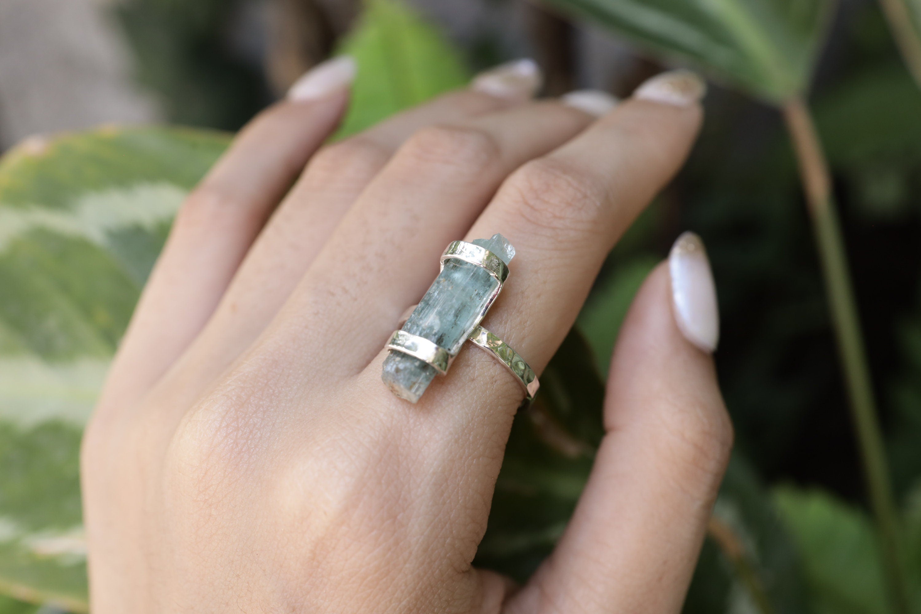 Himalayan Serenity High-Grade Aquamarine Ring -Hammered & Shiny Finish - Sterling Silver Ring - Size 7 3/4 US