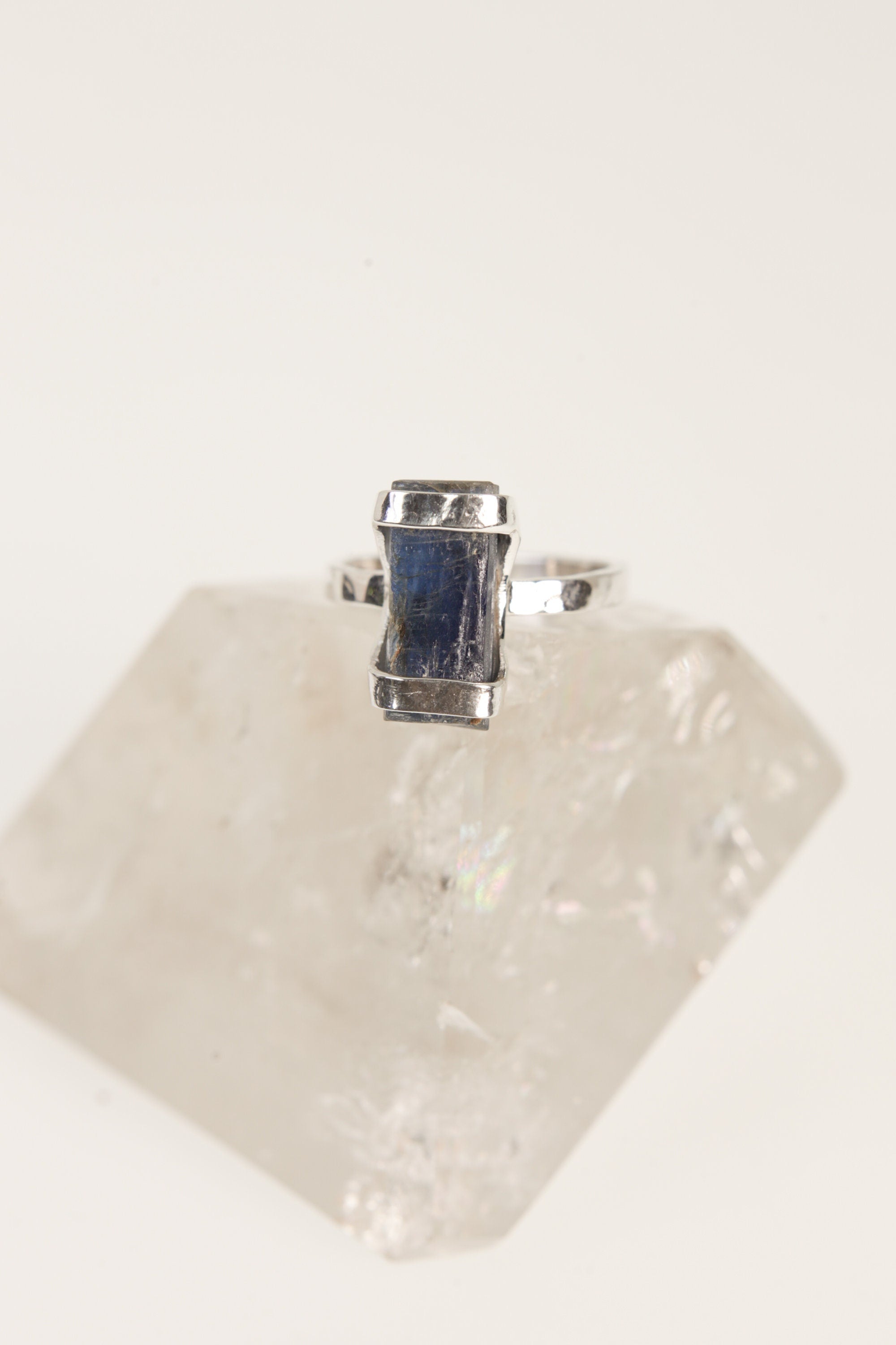 Front view of raw Australian Ocean Kyanite ring showing blue blade-like crystal texture and handmade silver setting.