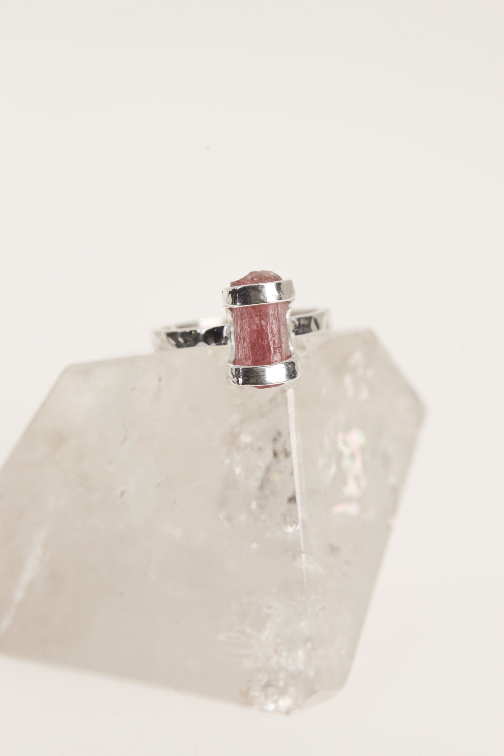 Blush Essence Raw Pink Tourmaline Ring-Hammered & Shiny Finish - Sterling Silver Ring - Size 6 US