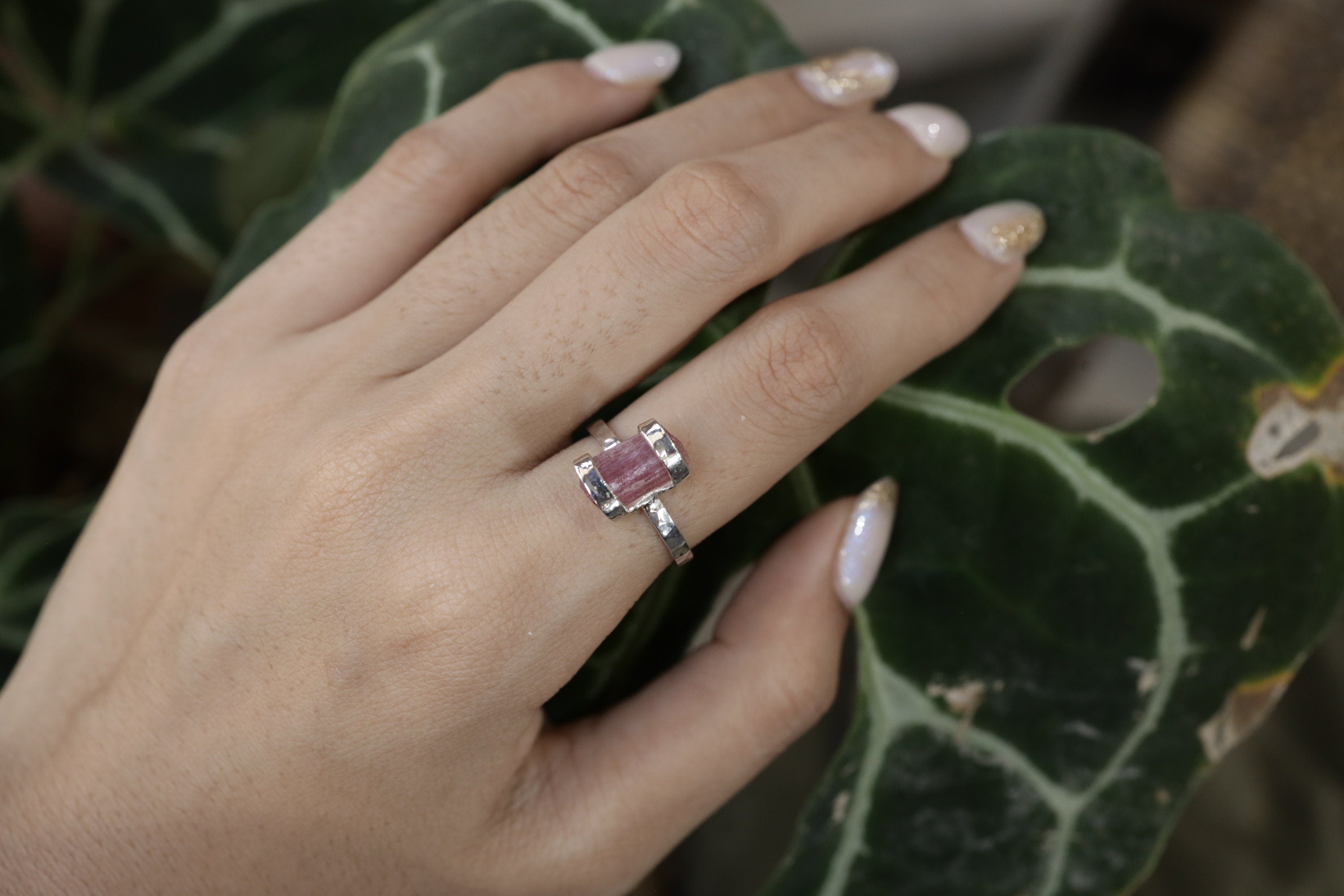 Blush Essence Raw Pink Tourmaline Ring-Hammered & Shiny Finish - Sterling Silver Ring - Size 6 US