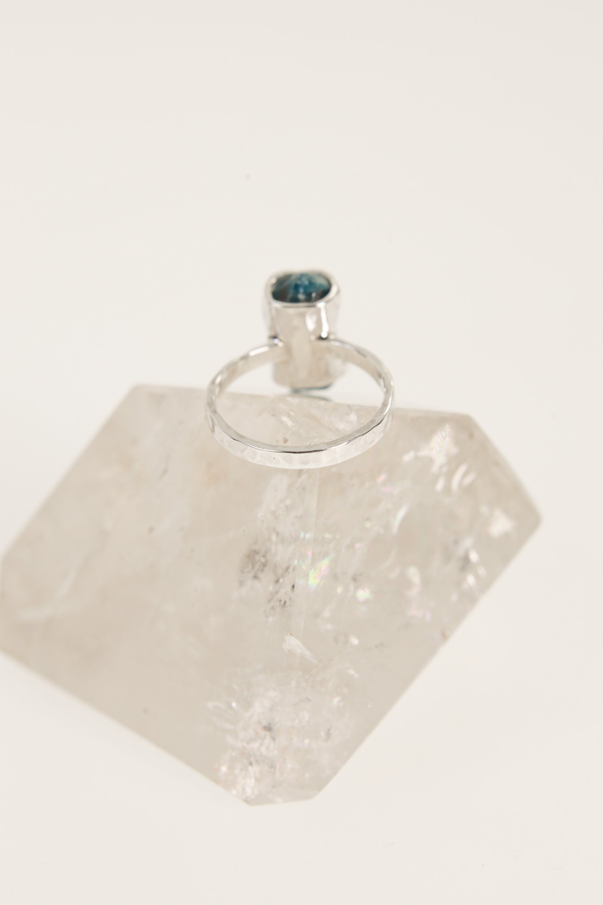 Celestial Blue Terminated Apatite Ring-Hammered & Shiny Finish - Sterling Silver Ring - Size 5 US