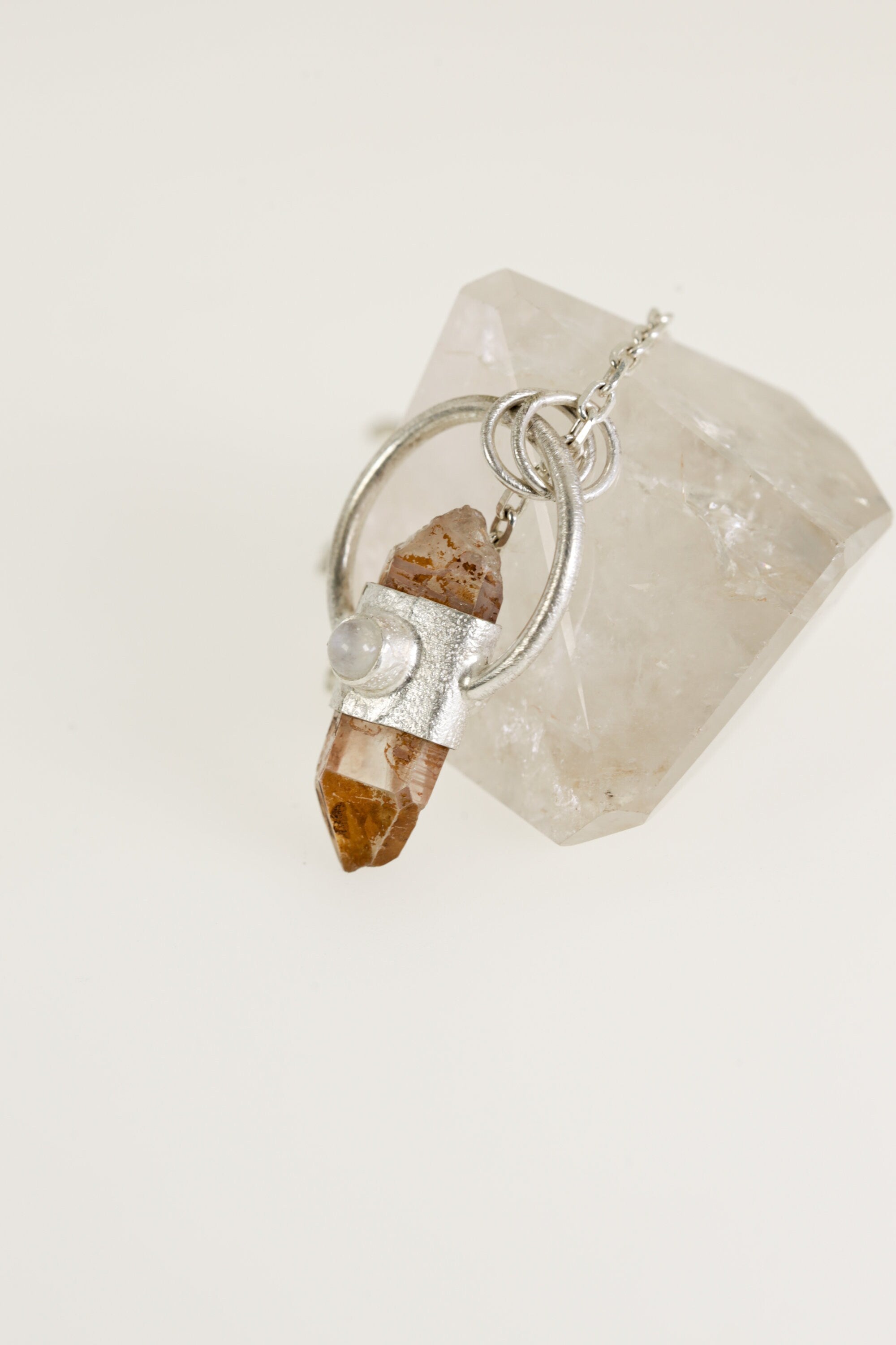 Lunar Embrace: Sterling Silver Sand-Textured Crystal Pendant with Australian Lithium Quartz and Moonstone