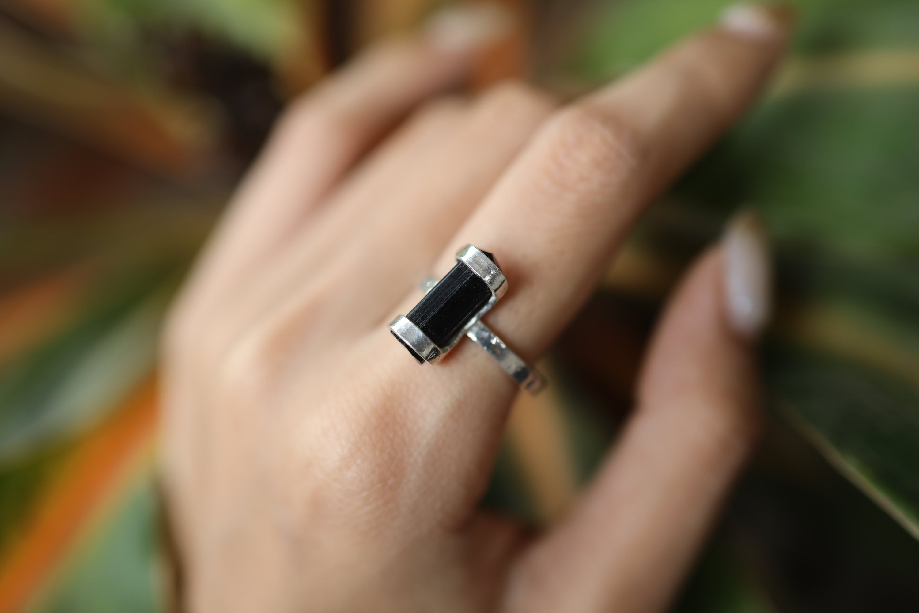 Black Tourmaline Sterling Silver Ring - Hammered Finish, Size 7 3/4