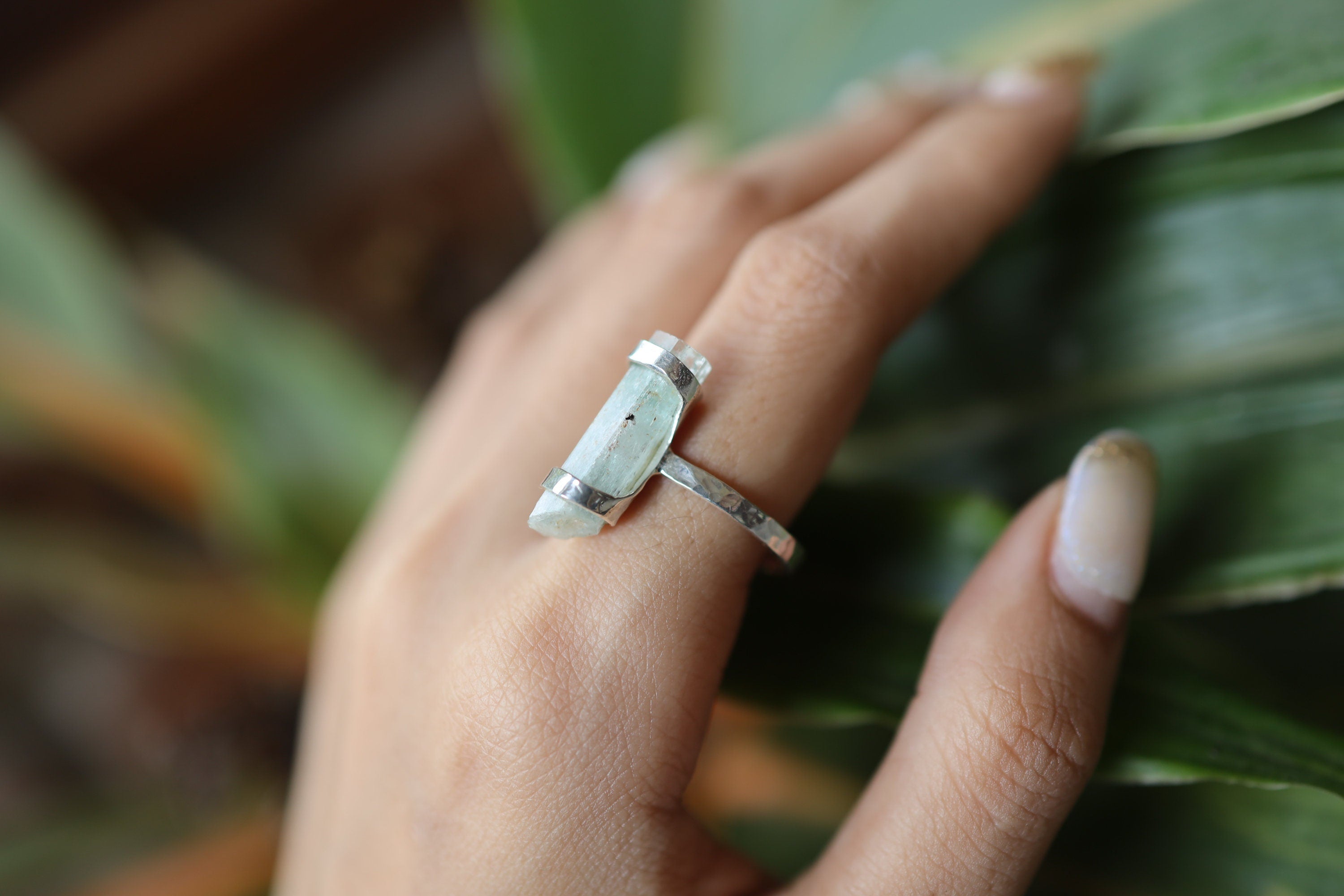 Oceanic Dream Australian Aquamarine Ring -Hammered & Shiny Finish - Sterling Silver Ring - Size 8 3/4 US