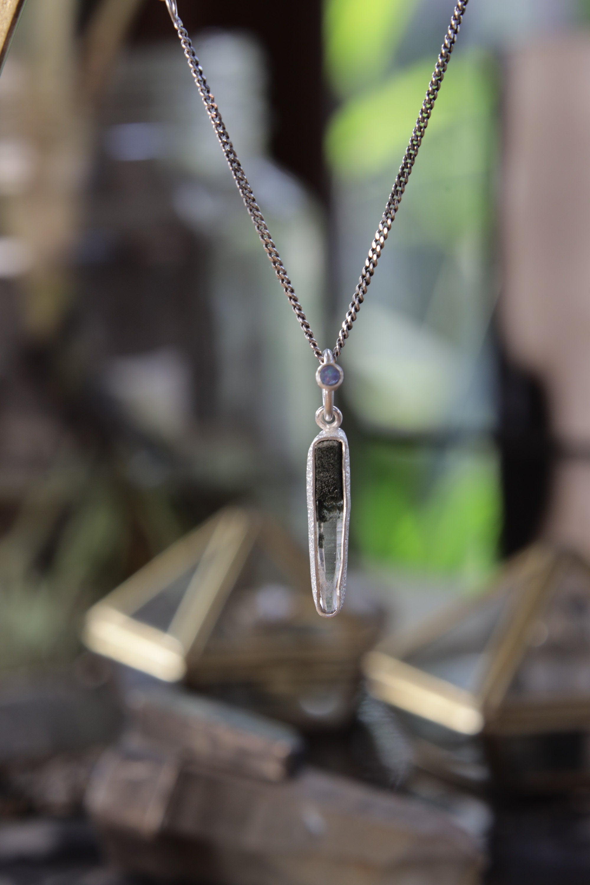 Luminous Peak: Sterling Silver Pendant with Himalayan Laser Quartz and Opal - High Shine & Sand Textured - NO/02