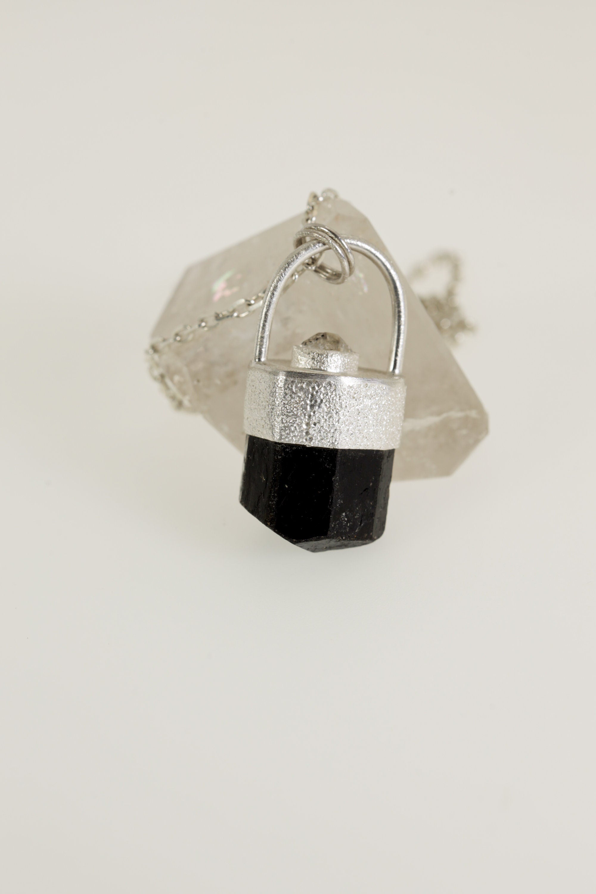 Sterling Silver Pendant with Himalayan Terminated Brown Dravite Tourmaline and Herkimer Diamond - Sand Texture Finish - NO/07