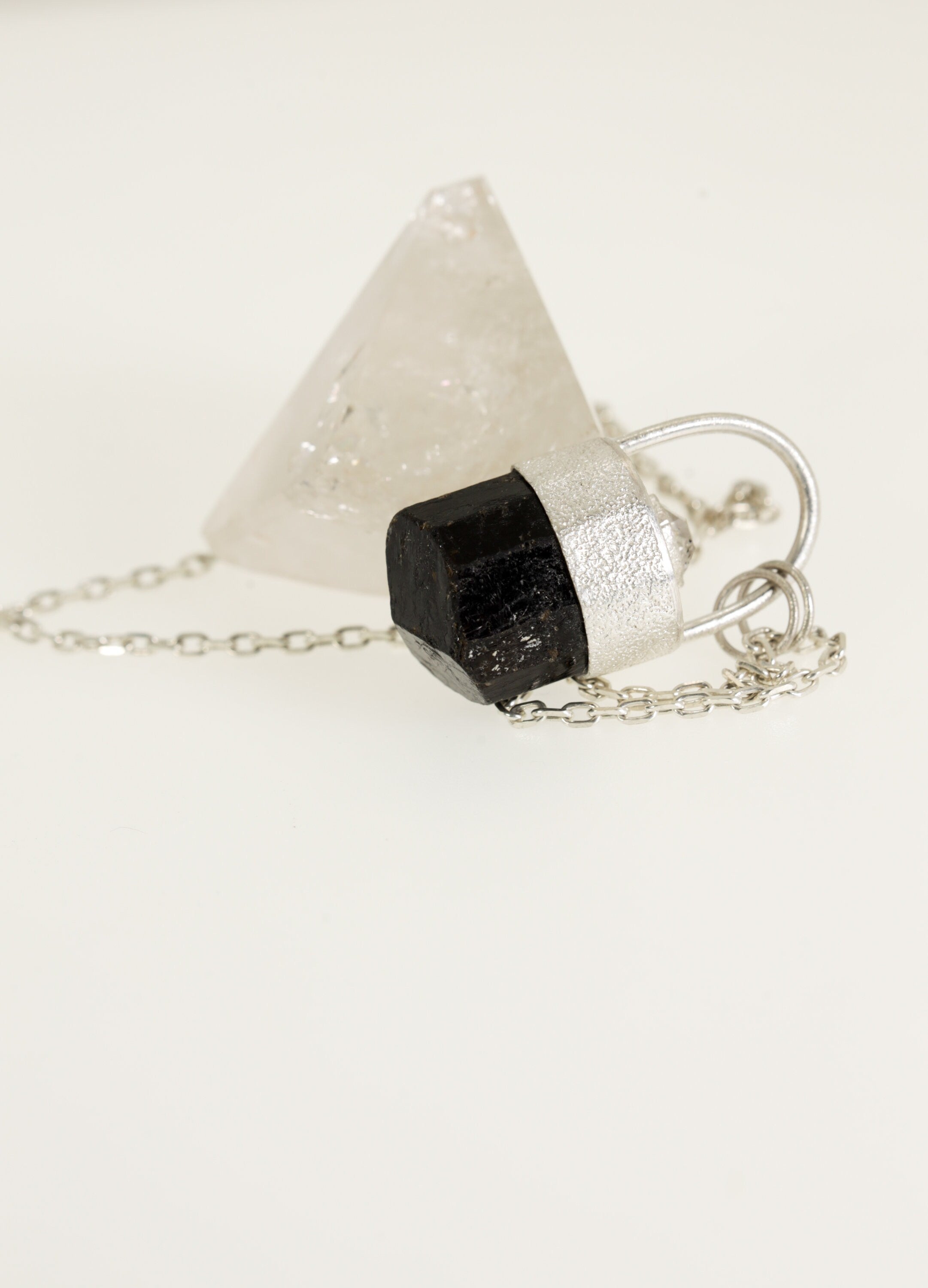 Sterling Silver Pendant with Himalayan Terminated Brown Dravite Tourmaline and Herkimer Diamond - Sand Texture Finish - NO/07