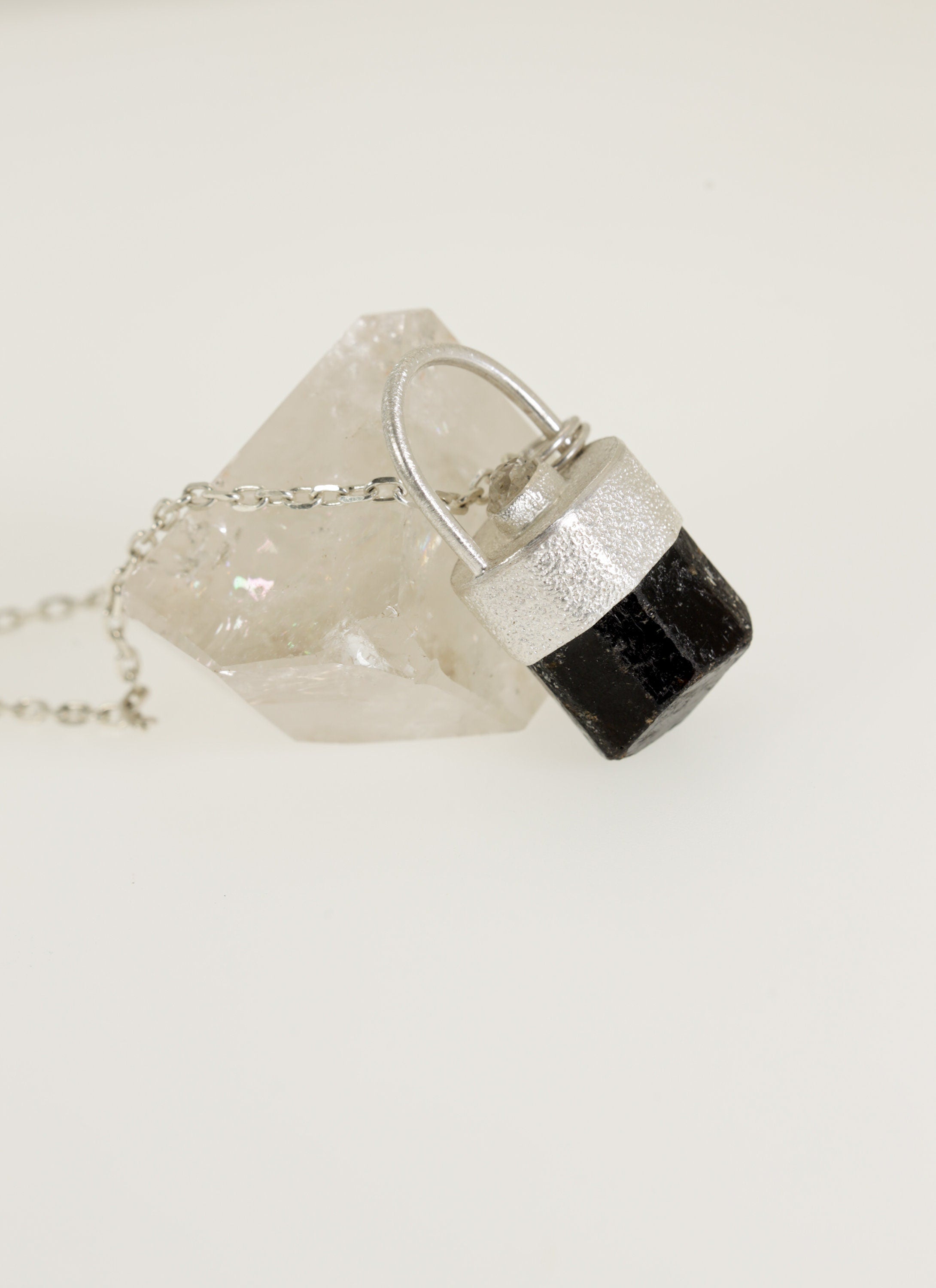 Sterling Silver Pendant with Himalayan Terminated Brown Dravite Tourmaline and Herkimer Diamond - Sand Texture Finish - NO/07