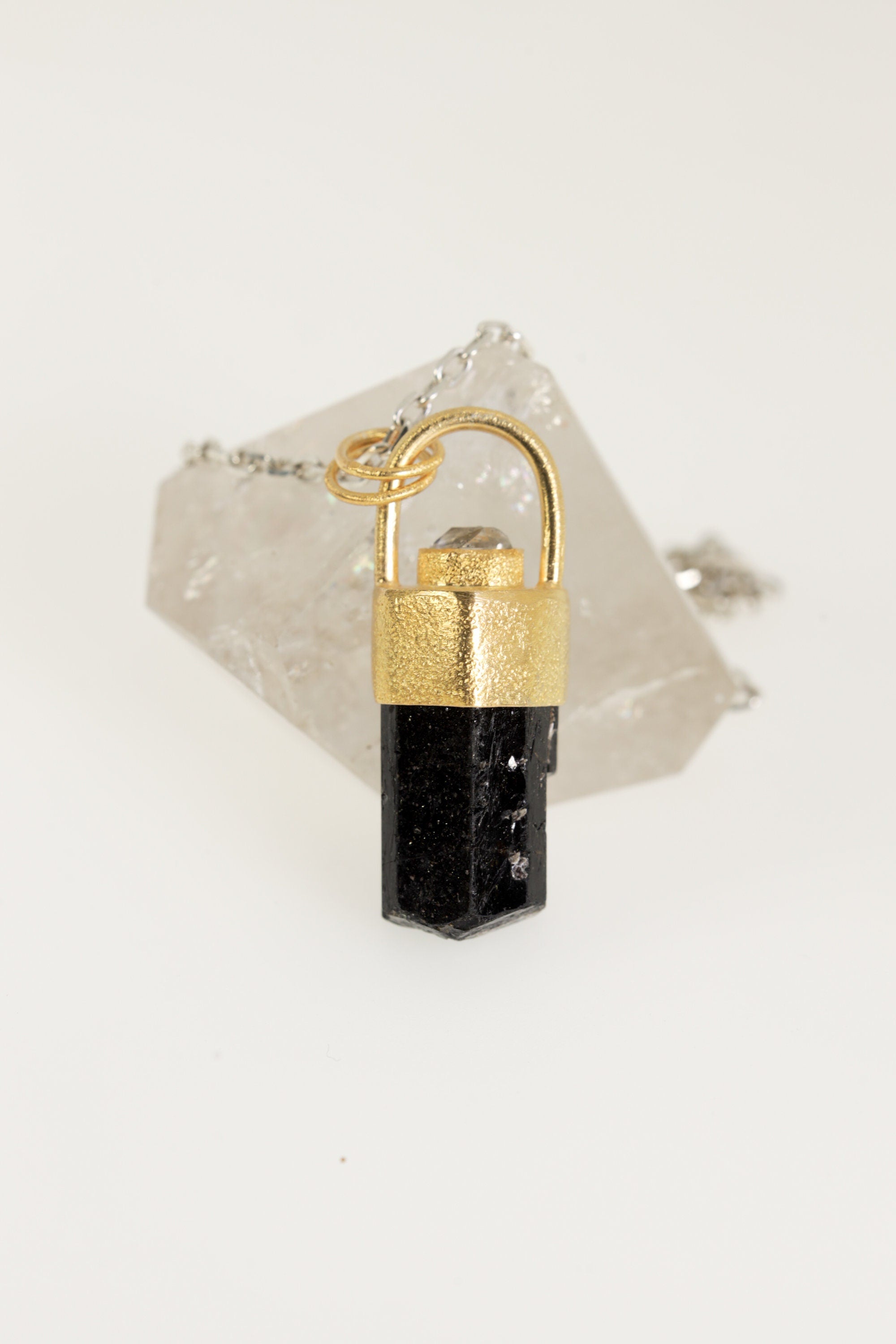 Gold-plated Sterling Silver Crystal Pendant with Himalayan Terminated Brown Dravite Tourmaline & Herkimer Diamond, Sand Texture Finish