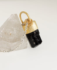 Gold-plated Sterling Silver Crystal Pendant with Himalayan Terminated Brown Dravite Tourmaline & Herkimer Diamond, Sand Texture Finish