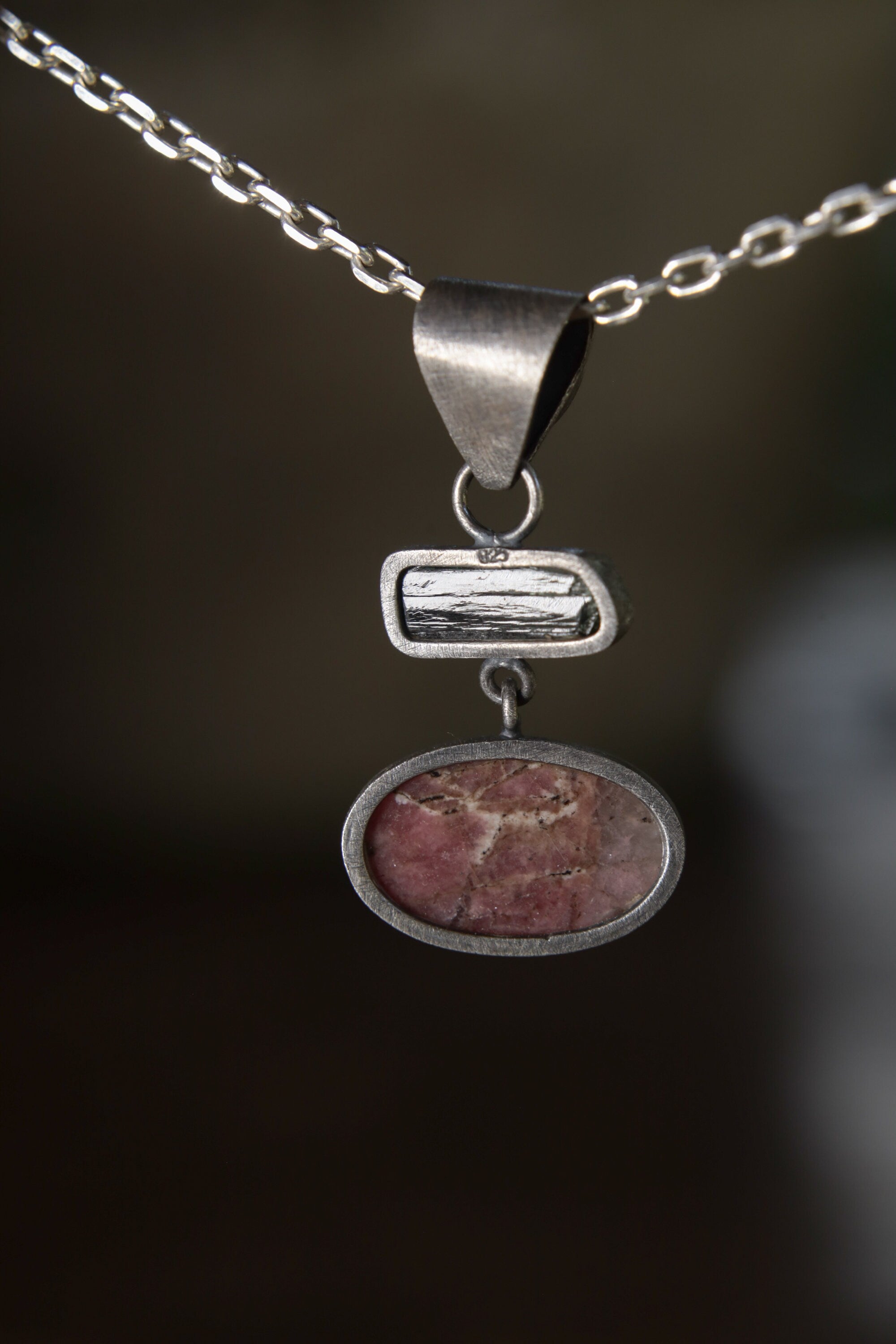 Sterling Silver Pendant with Labradorite Bail Terminated Green Tourmaline & Rhodochrosite Oxidized Brushed Finish, Heart Chakra Libra/Pisces