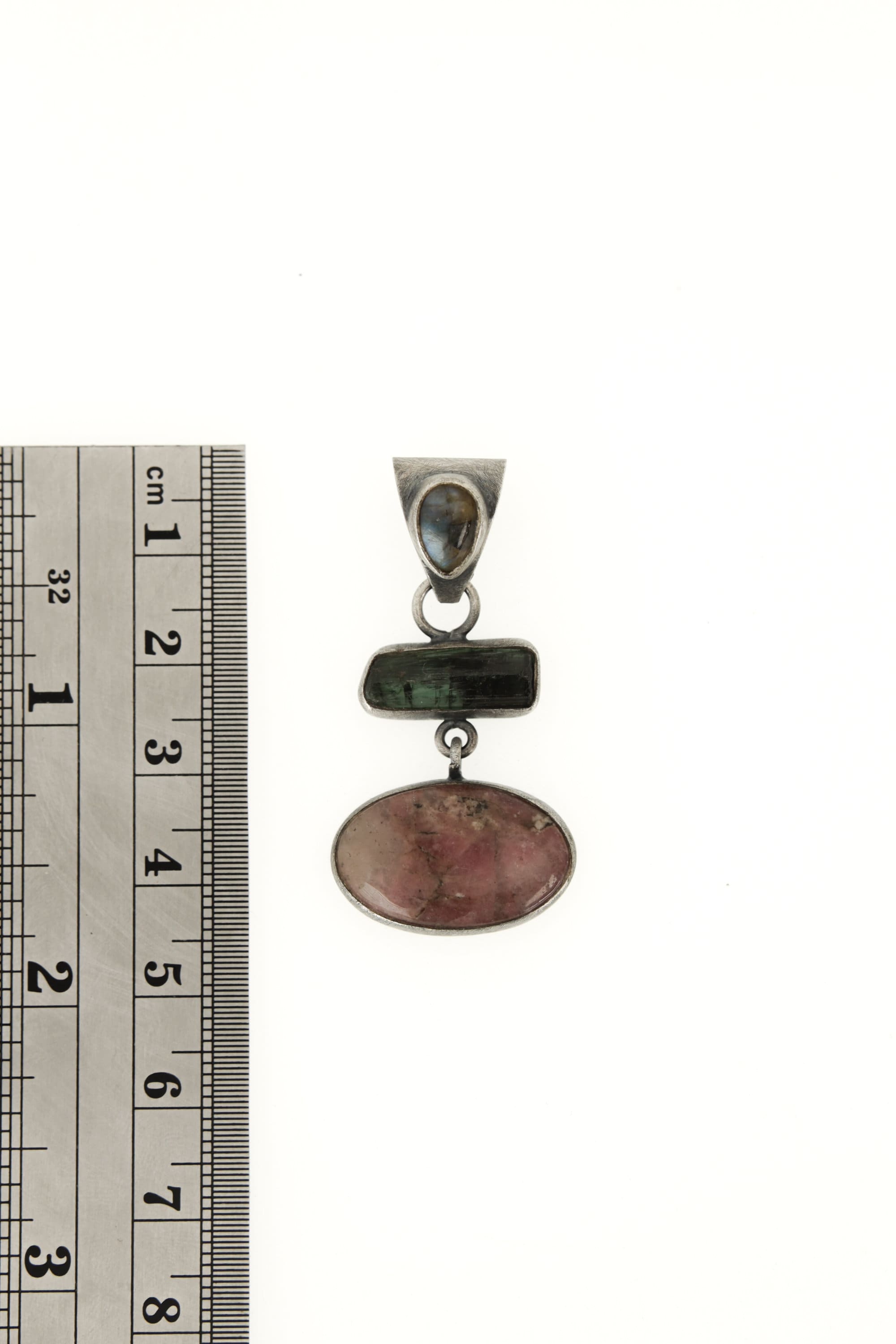 Sterling Silver Pendant with Labradorite Bail Terminated Green Tourmaline & Rhodochrosite Oxidized Brushed Finish, Heart Chakra Libra/Pisces