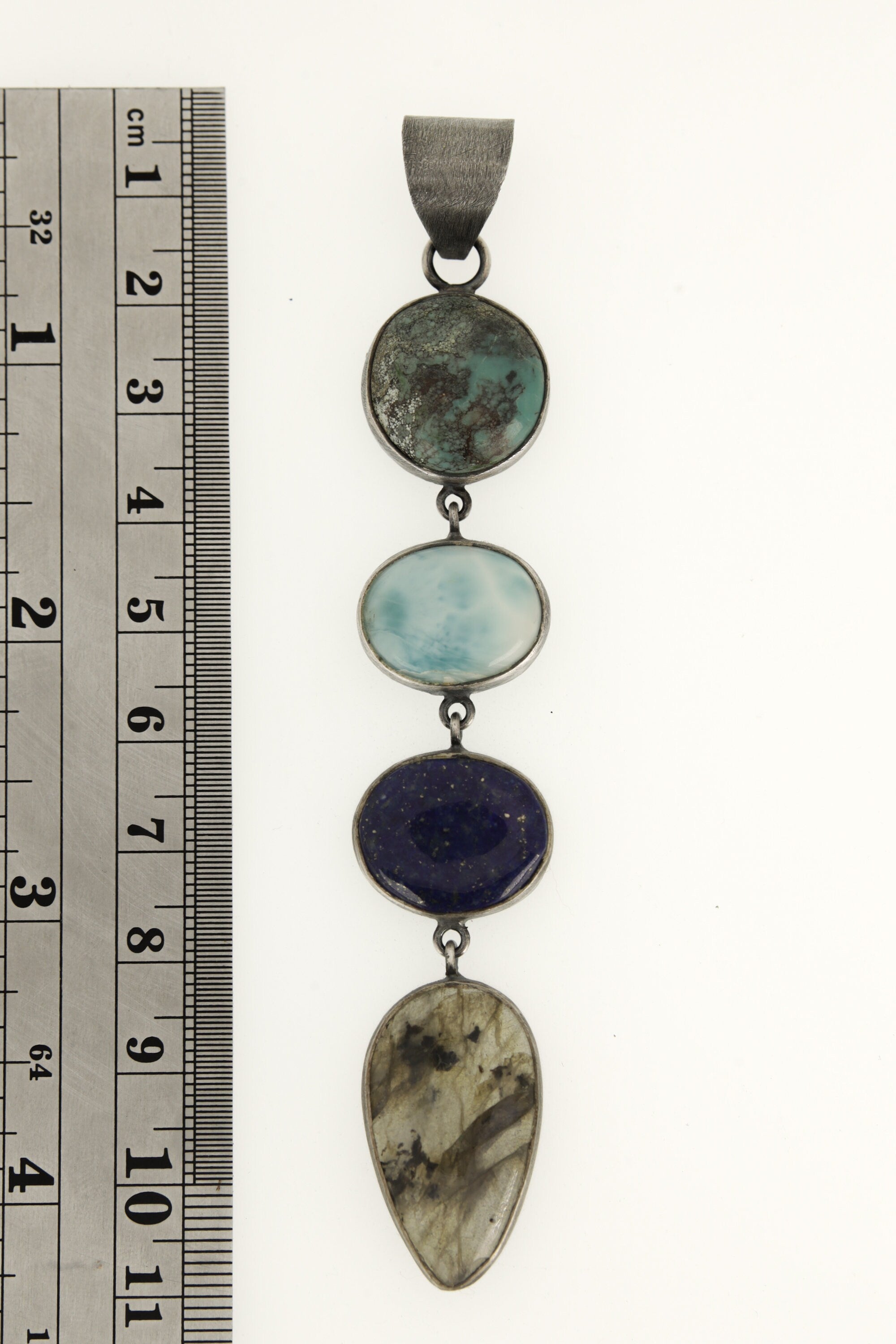 Azure Mosaic : Sterling Silver Pendant with Turquoise, Larimar, Lapis Lazuli, and Rutile Quartz - Oxidized Finish and Brush Texture