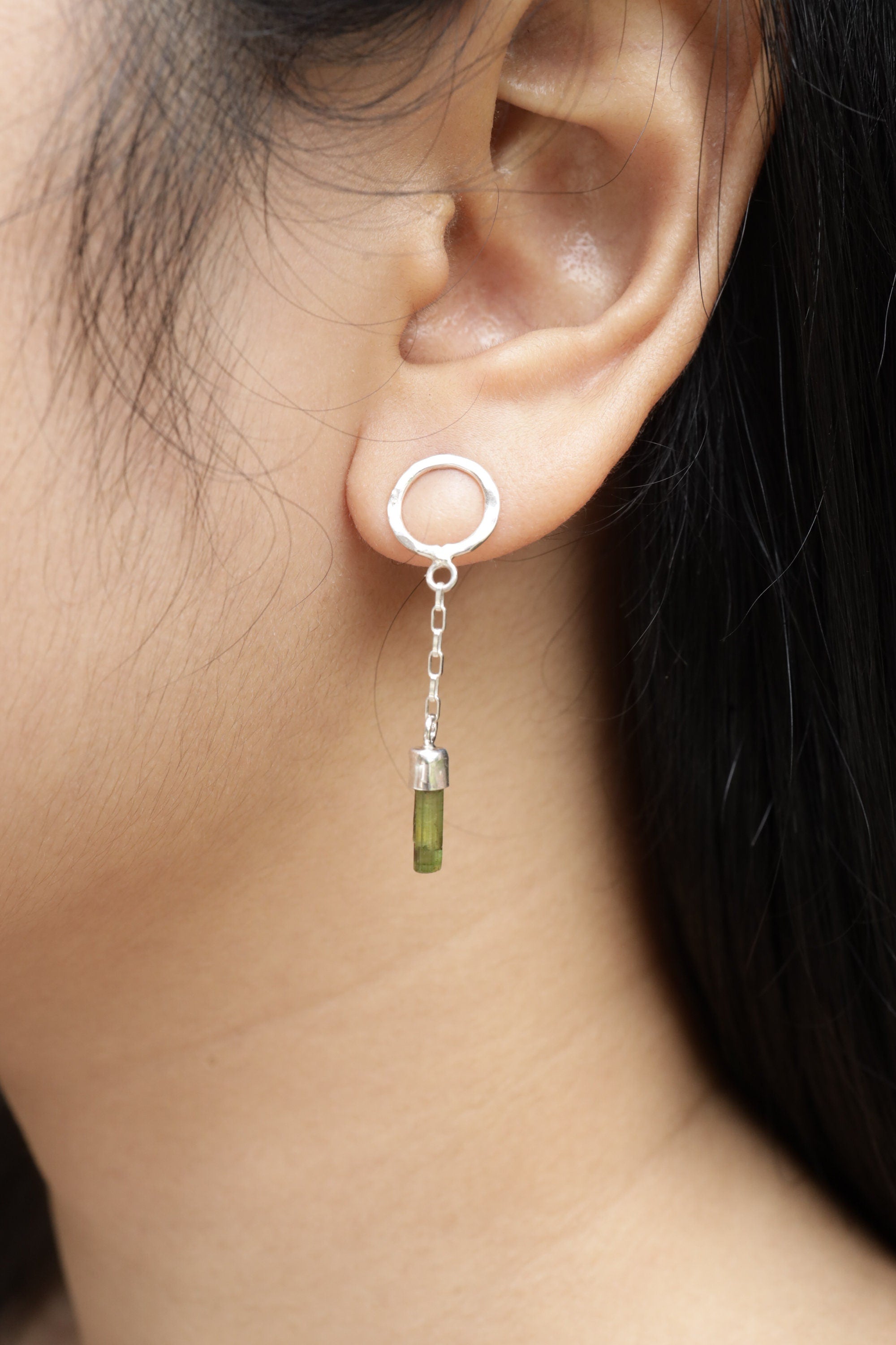Green Tourmaline Chain Earrings 925 Sterling Silver Hammered Stud Dangles Raw Gem Heart Chakra Virgo Capricorn Gift