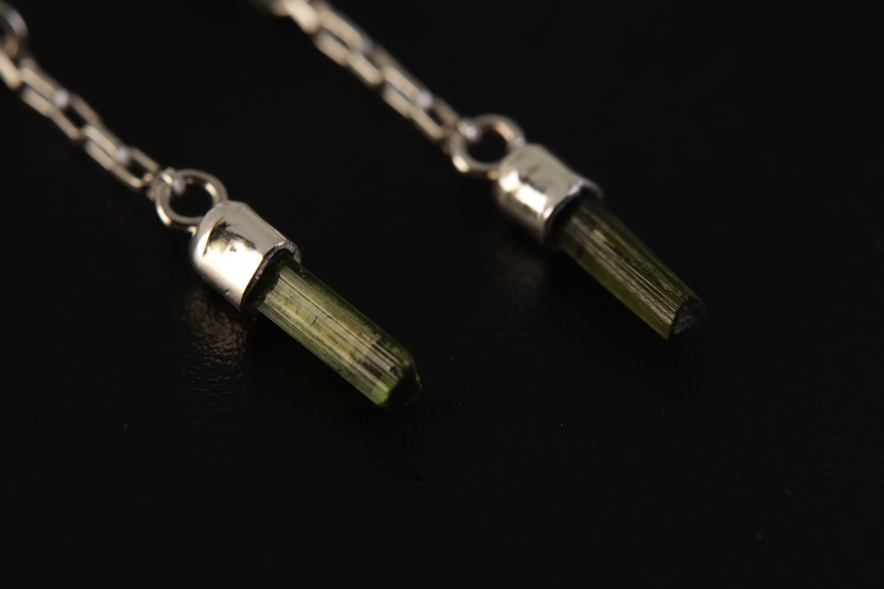 Green Tourmaline Earrings: Raw Gem, Hammered Sterling Silver Chain Studs