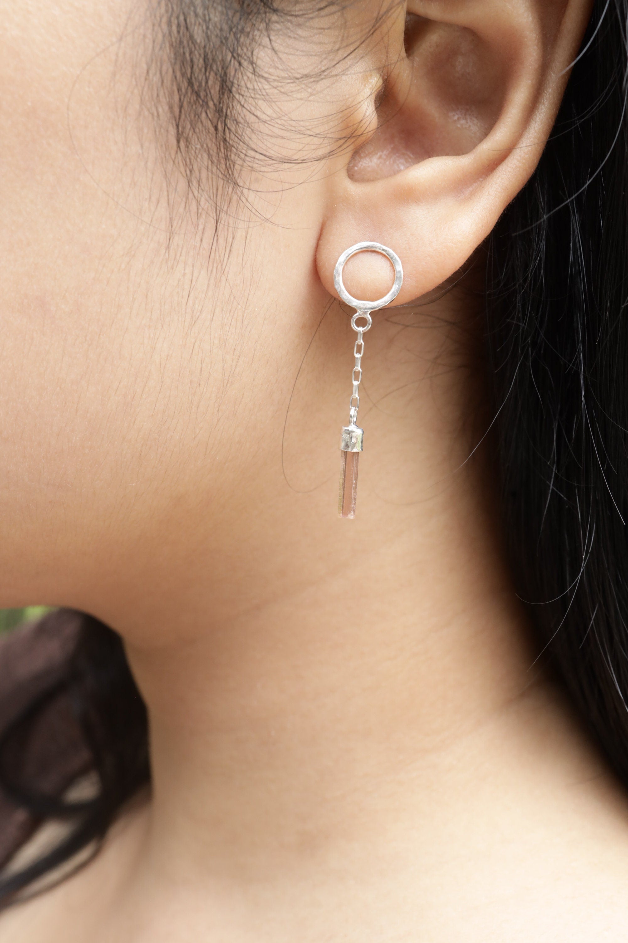 Pink Tourmaline Sterling Silver Chain Earrings: Hammered Stud Dangle