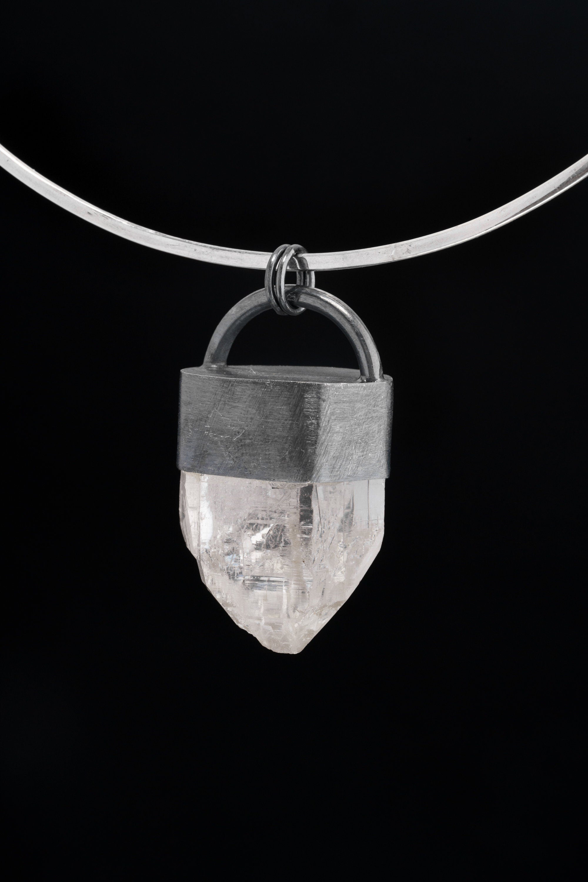 Luminous Essence Clear Quartz Pendant - Sterling Silver Crystal Pendant - Oxidized Finish & Brush Textured