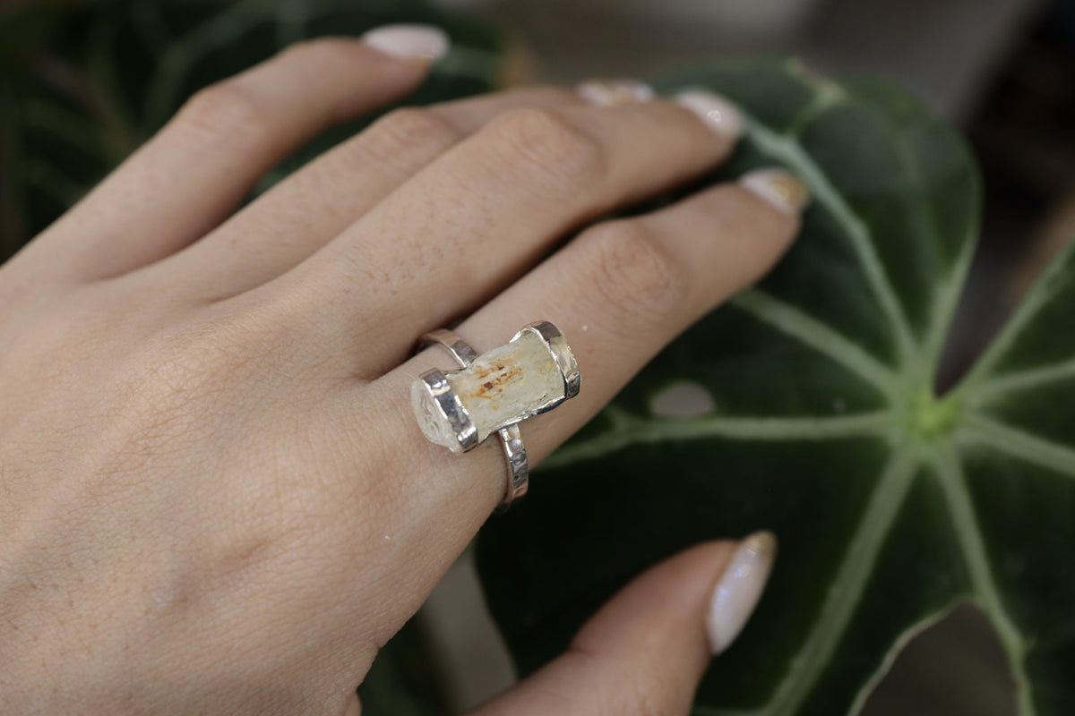 Ocean-Inspired Sterling Silver Ring with Australian Aquamarine, Hammered & Shiny Finish, Size 9 US, Silver Wrapped, Mermaid Vibes