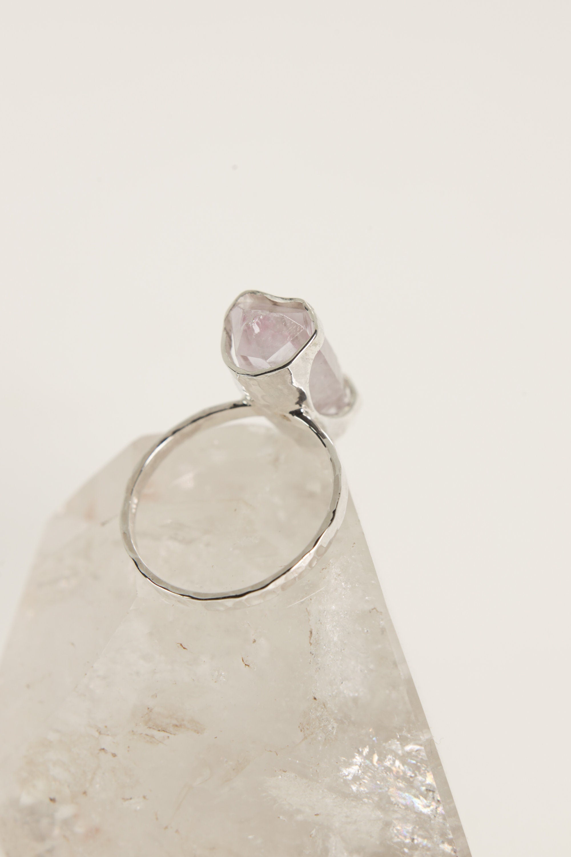 Double Terminated Vera Cruz Amethyst ring on clear quartz, with hammered oxidized sterling silver and lavender crystal.
