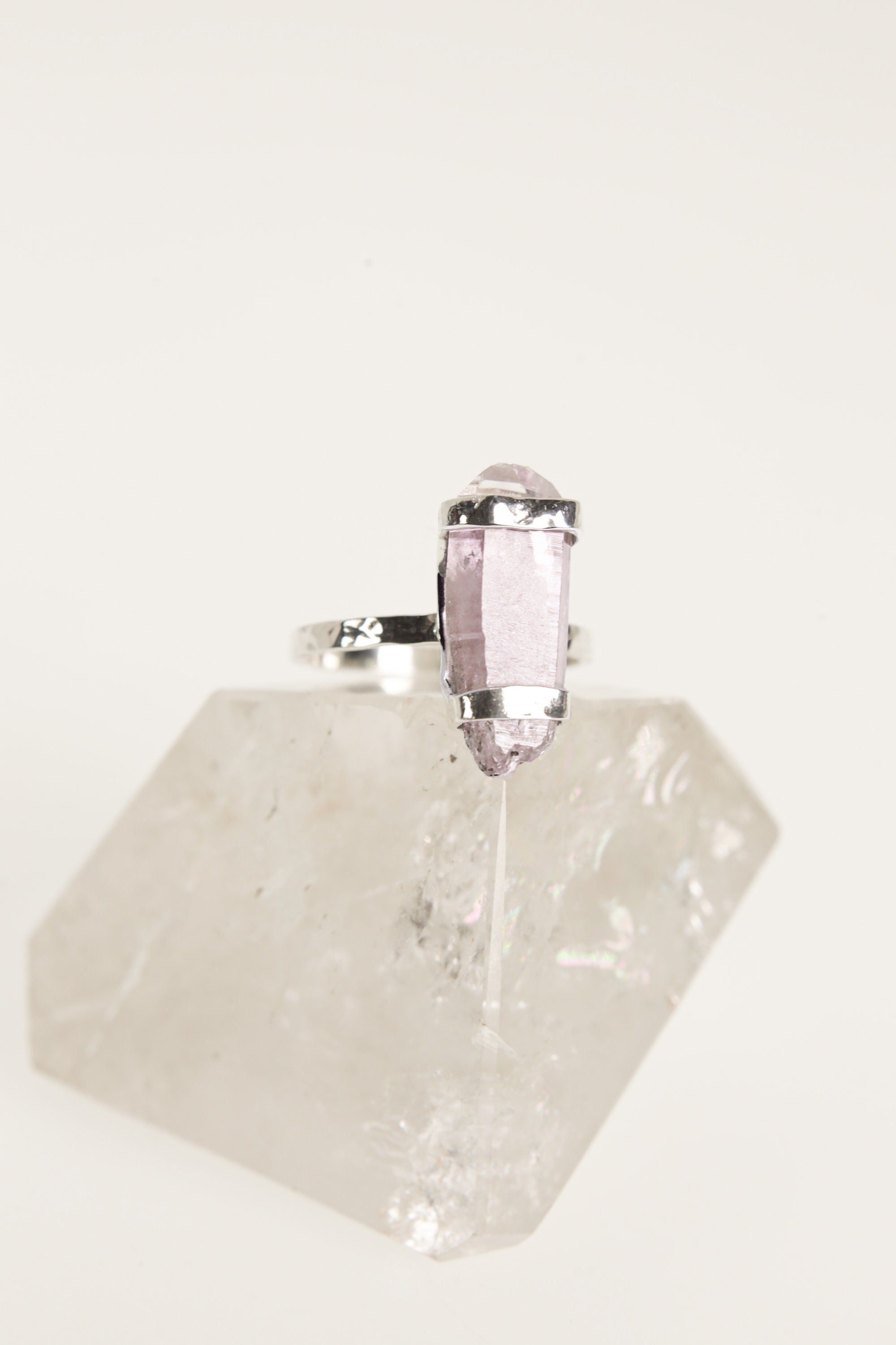 Sterling Silver Ring with Silver Wrapped Double-Terminated Vera Cruz Amethyst, Hammered and Shiny Finish, Size 8 3/4 US