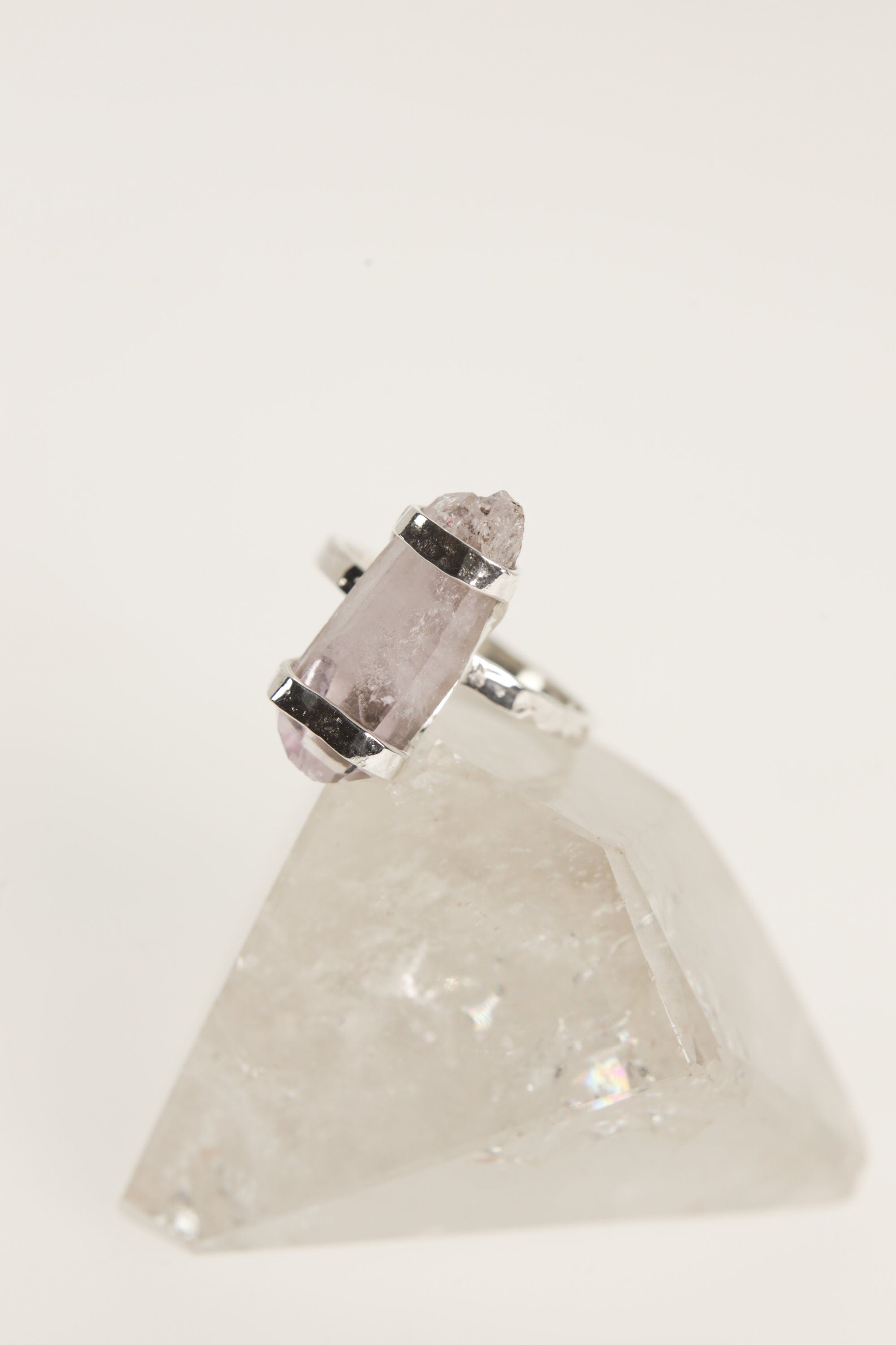 Sterling Silver Ring with Silver Wrapped Double-Terminated Vera Cruz Amethyst, Hammered and Shiny Finish, Size 8 3/4 US